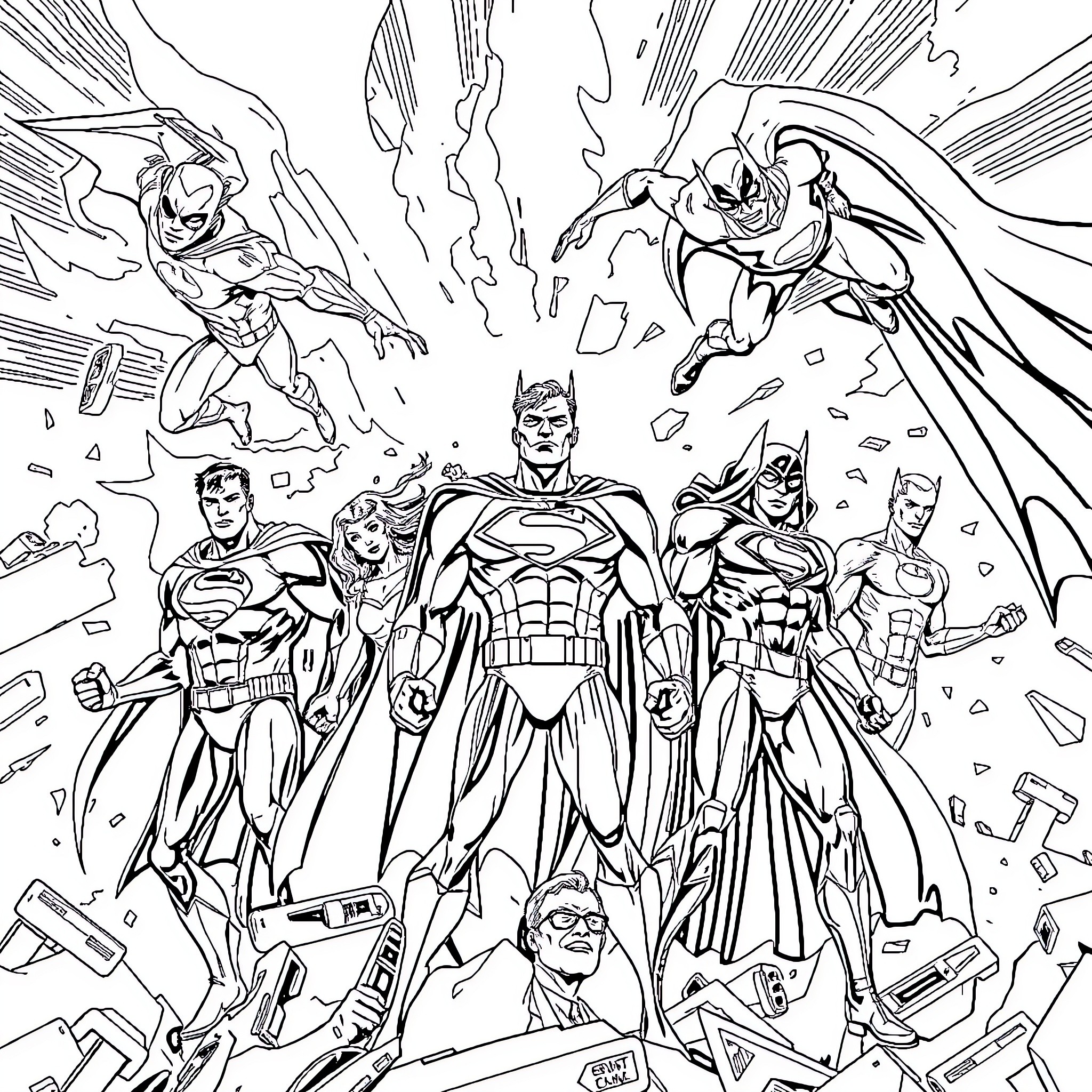 Justice League Heroes in Action-Packed Heroic Encounter Coloring Page (free black-and-white line drawing printable PDF for all, from beginners to advanced learners, including children, teens, adults, and seniors)