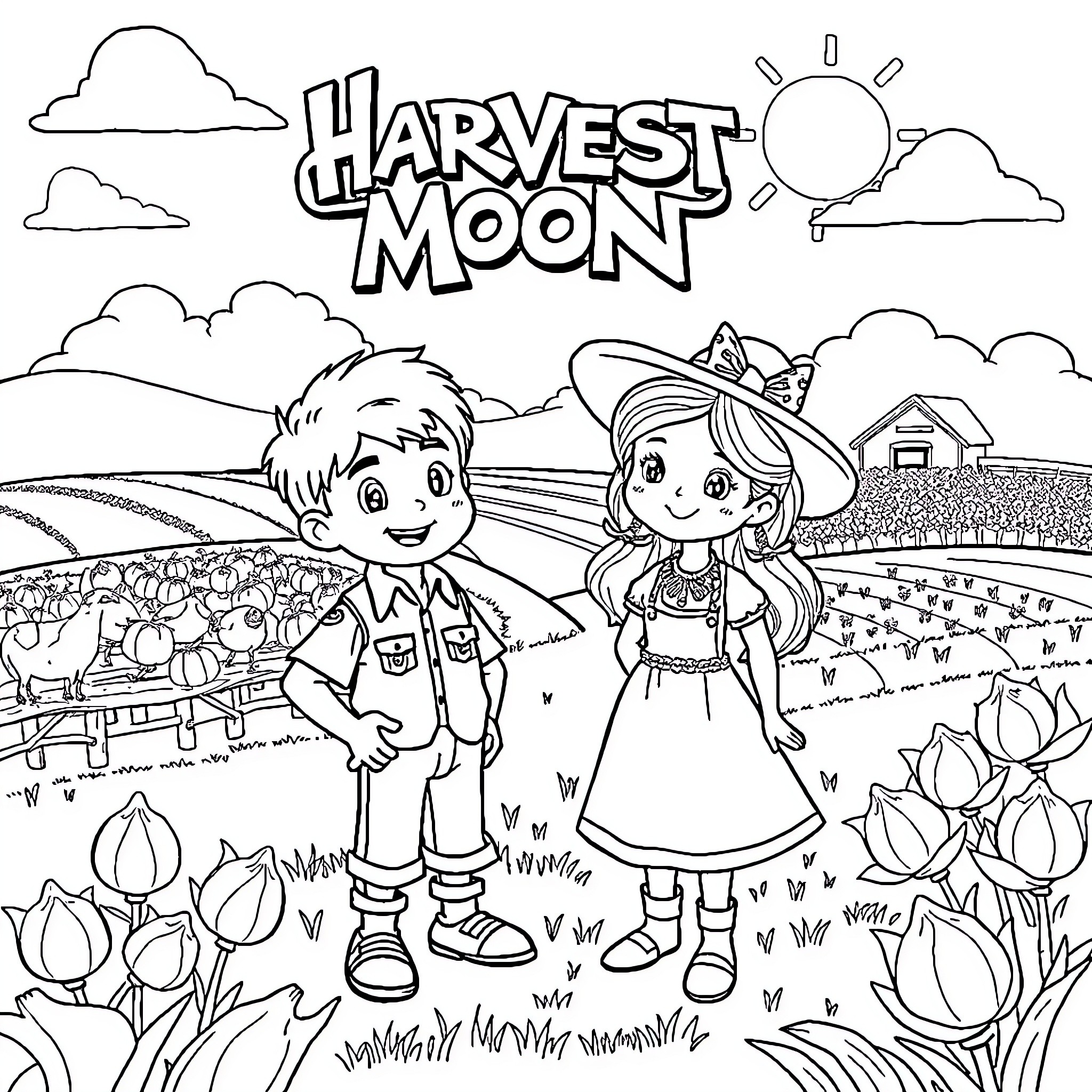 Jack and Jill explore the Harvest Moon countryside Coloring Page (free black-and-white line drawing printable PDF for all, from beginners to advanced learners, including children, teens, adults, and seniors)