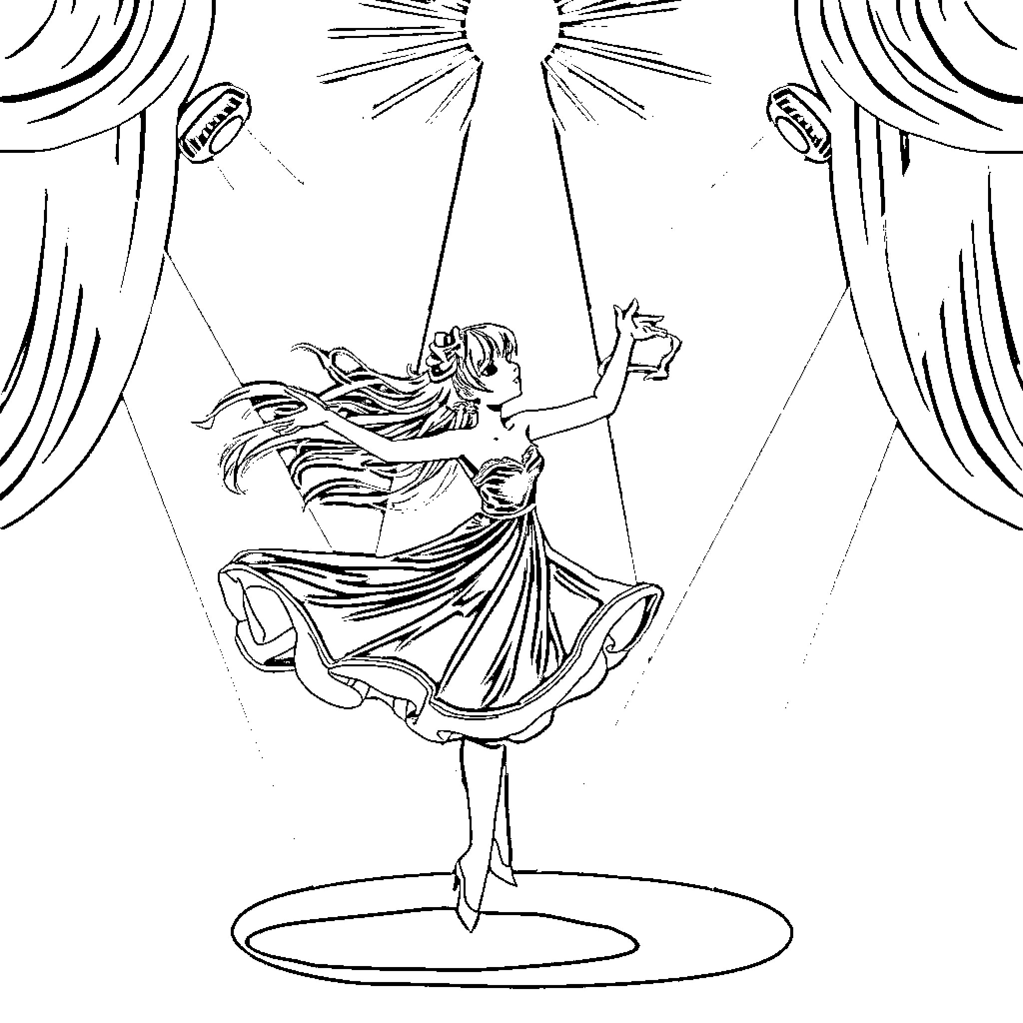 Tenko dancing gracefully on stage Coloring Page (free black-and-white line drawing printable PDF for all, from beginners to advanced learners, including children, teens, adults, and seniors)