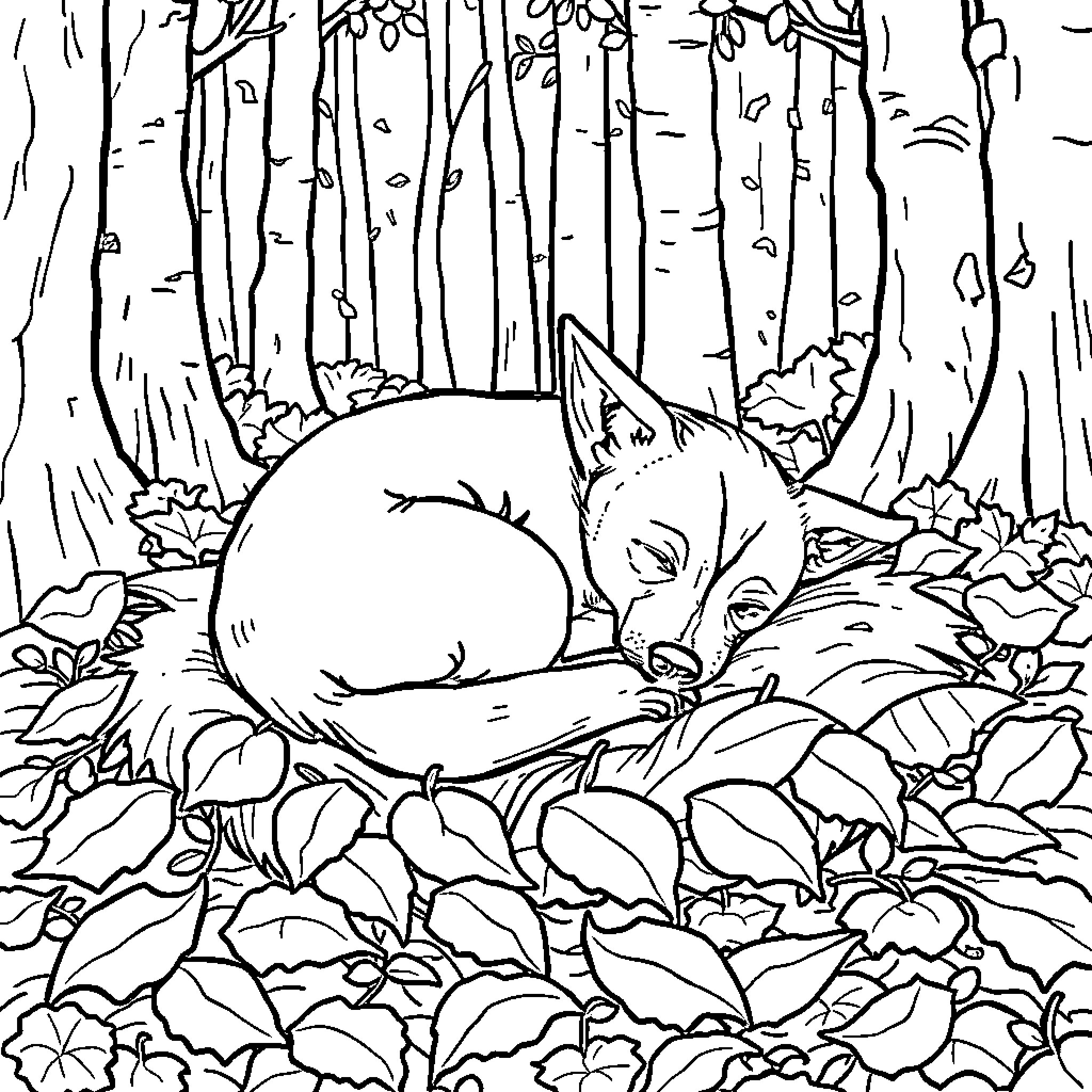 Fox Terrier sleeping in a forest Coloring Page (free black-and-white line drawing printable PDF for all, from beginners to advanced learners, including children, teens, adults, and seniors)