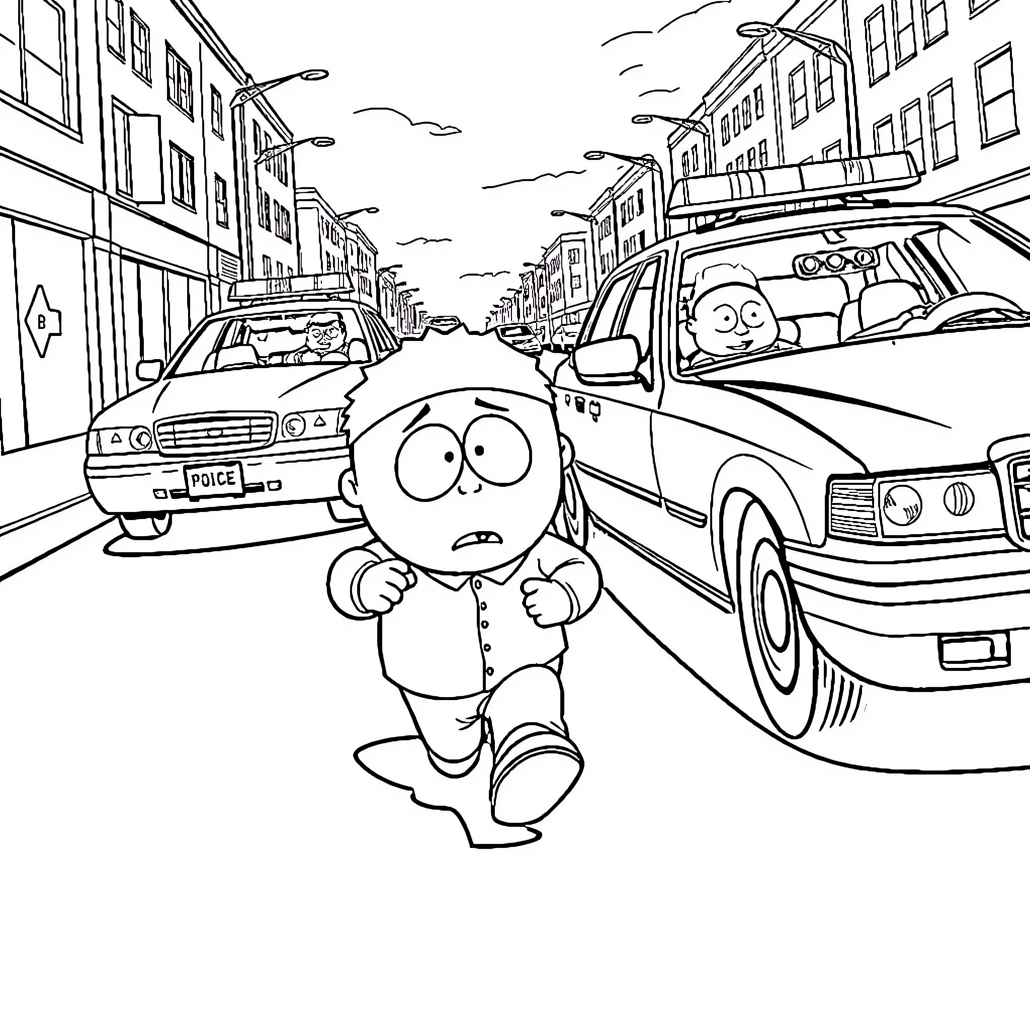 Eric Cartman Scurries Through the Busy City Streets Coloring Page (free black-and-white line drawing printable PDF for all, from beginners to advanced learners, including children, teens, adults, and seniors)