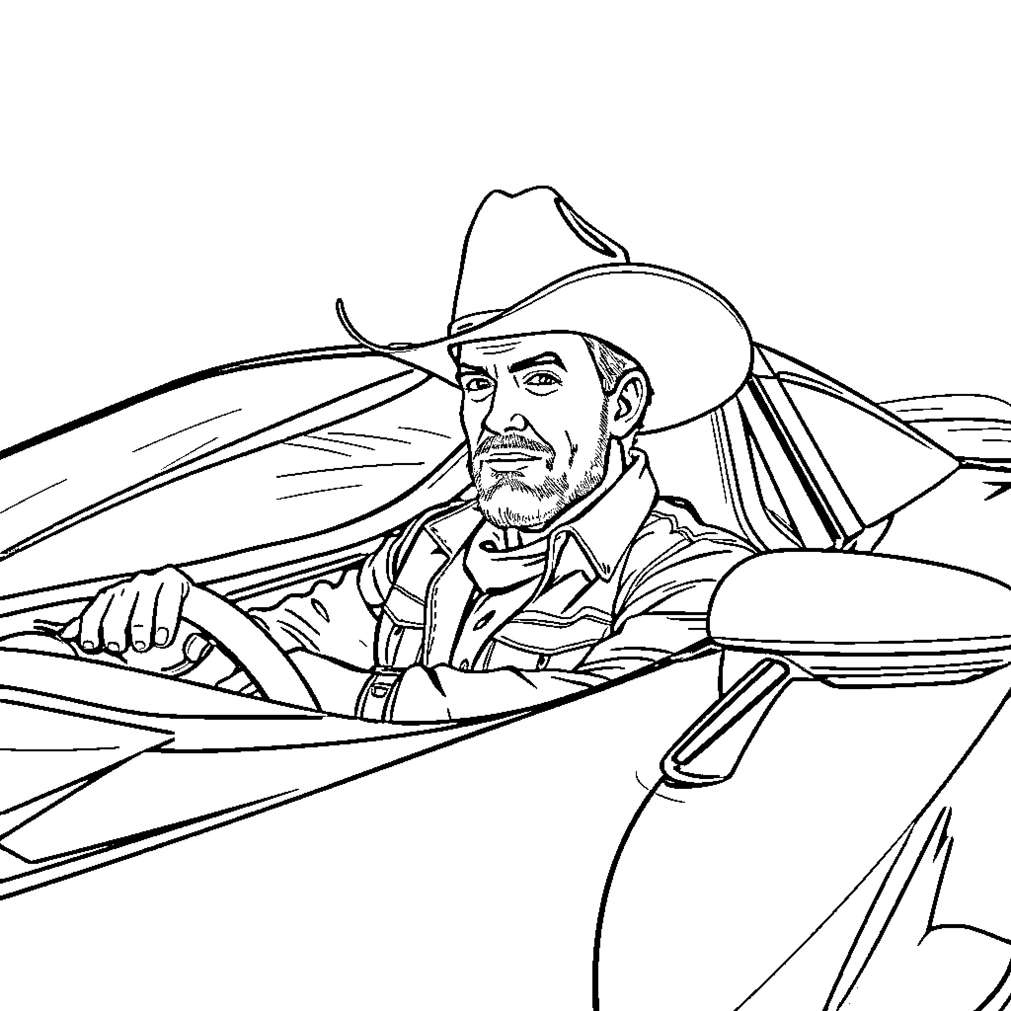 Cowboy driving vintage car on open road Coloring Page (free black-and-white line drawing printable PDF for all, from beginners to advanced learners, including children, teens, adults, and seniors)