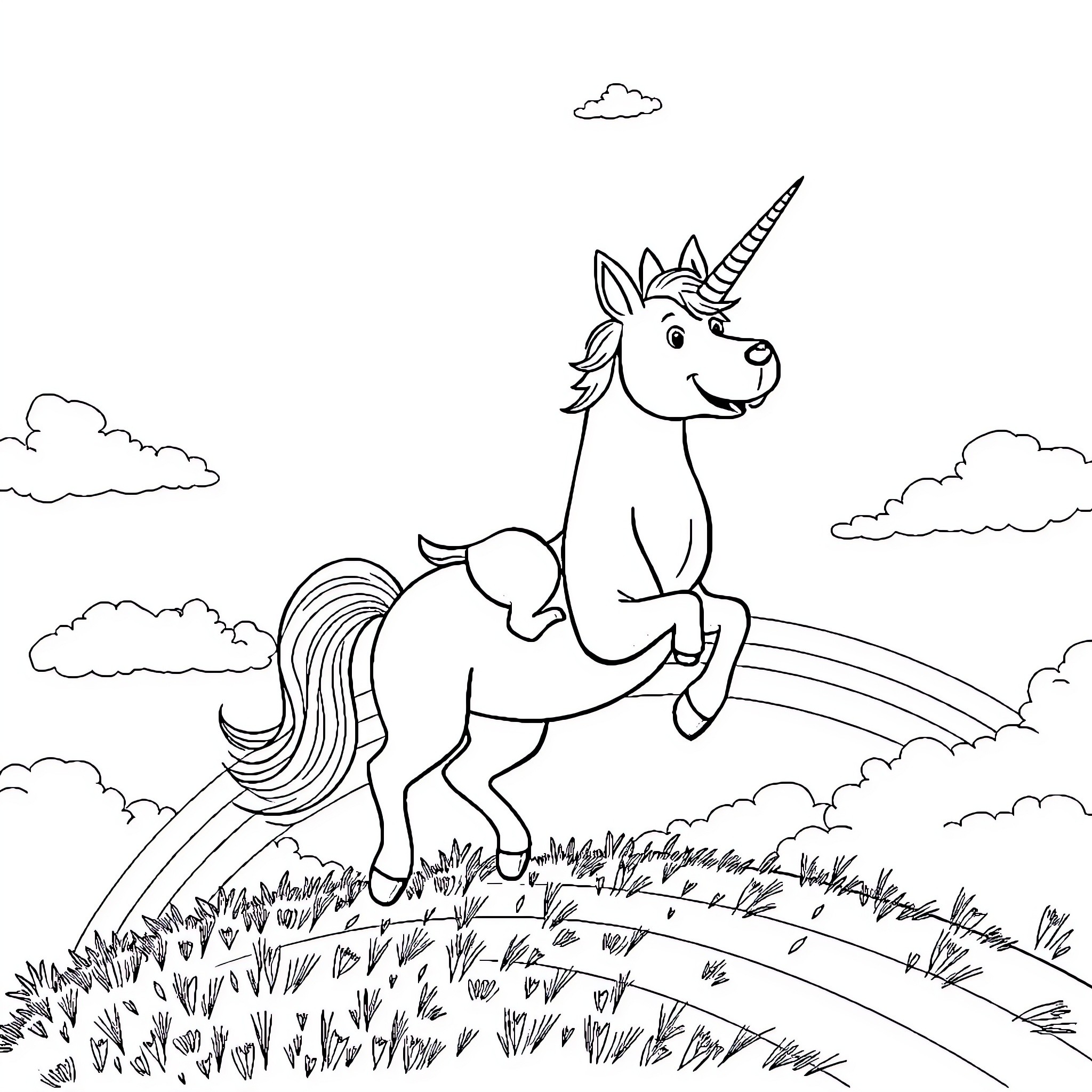 Dog Unicorn Running Joyfully in the Meadow Coloring Page (free black-and-white line drawing printable PDF for all, from beginners to advanced learners, including children, teens, adults, and seniors)