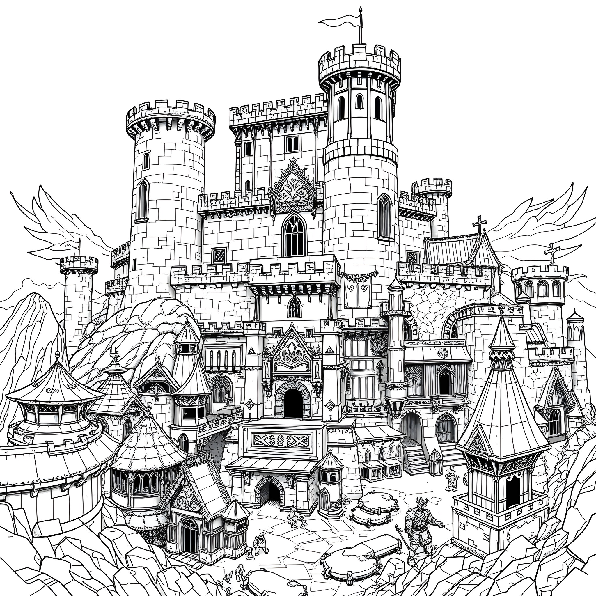 Castle with towers, turrets, and medieval architecture Coloring Page (free black-and-white line drawing printable PDF for all, from beginners to advanced learners, including children, teens, adults, and seniors)