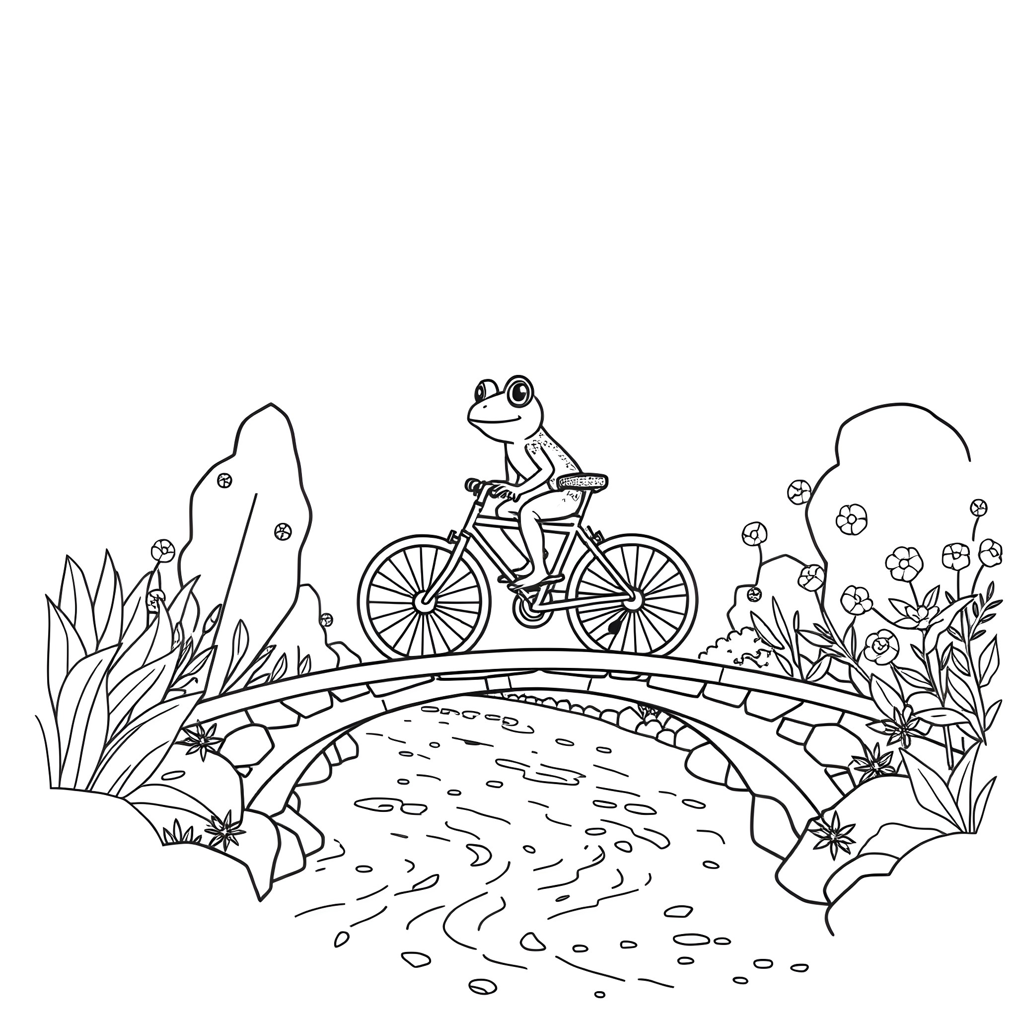 Frog riding a bicycle across a bridge in nature Coloring Page (free black-and-white line drawing printable PDF for all, from beginners to advanced learners, including children, teens, adults, and seniors)