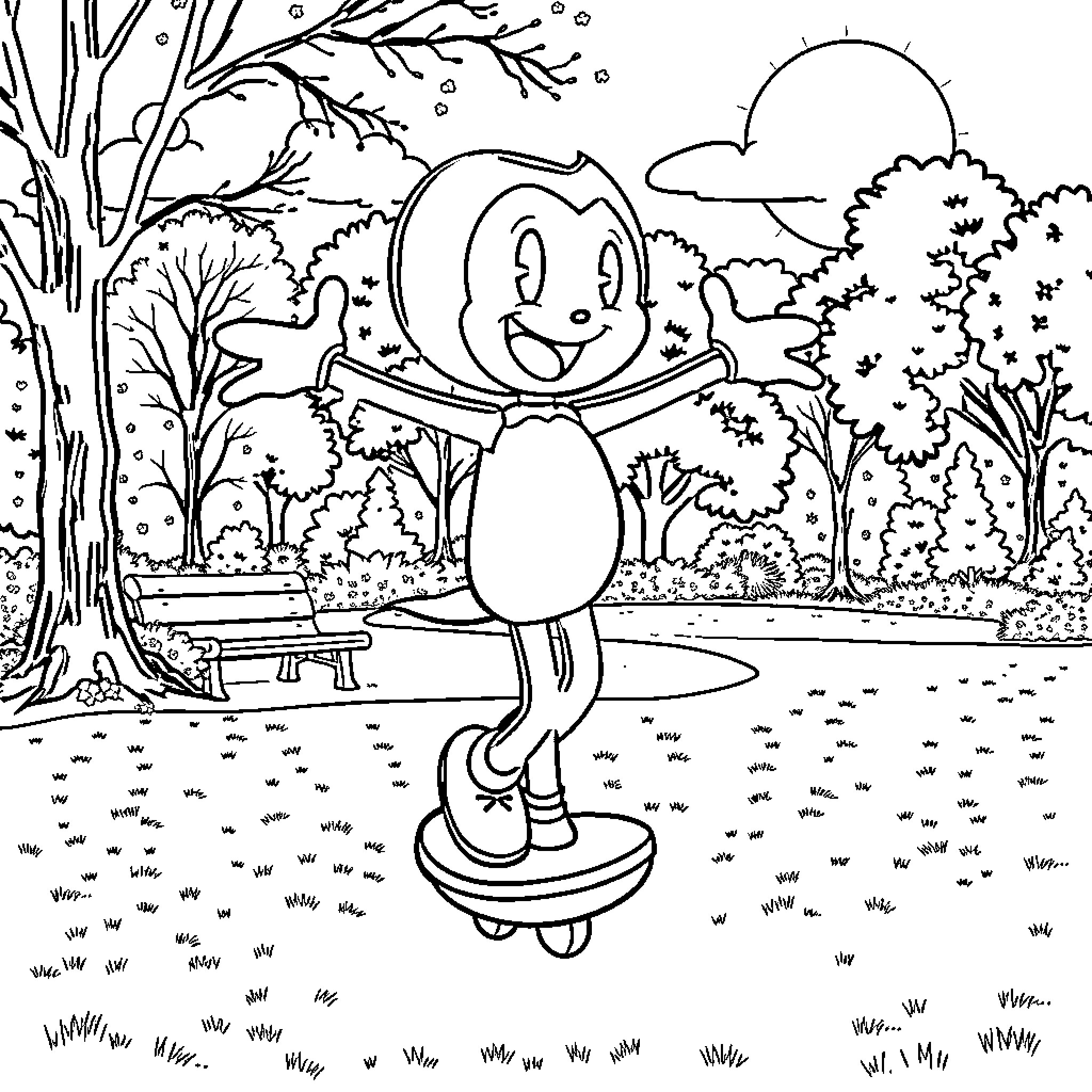 Bendy character exploring a nature park Coloring Page (free black-and-white line drawing printable PDF for all, from beginners to advanced learners, including children, teens, adults, and seniors)