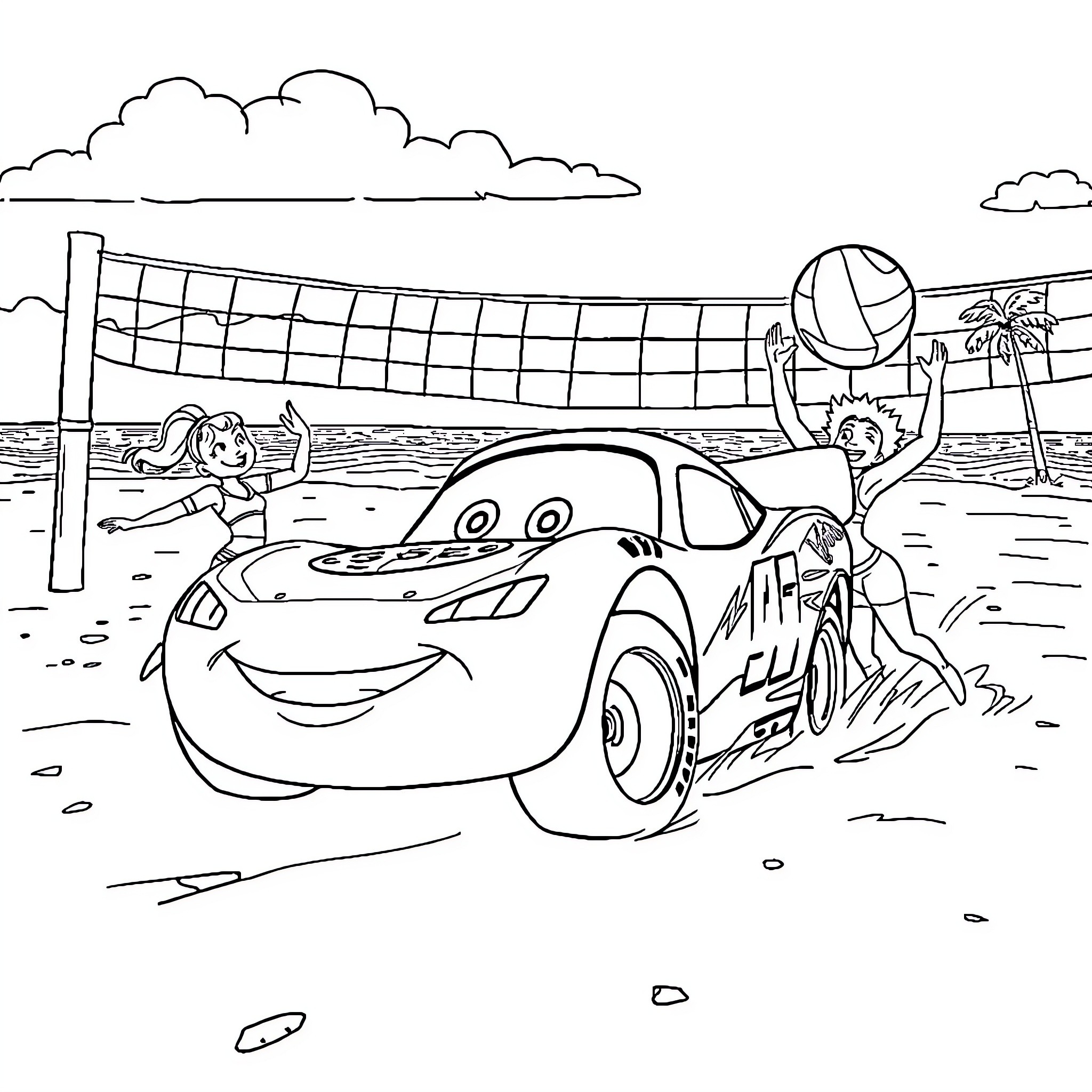 Lightning McQueen playing volleyball at the beach Coloring Page (free black-and-white line drawing printable PDF for all, from beginners to advanced learners, including children, teens, adults, and seniors)