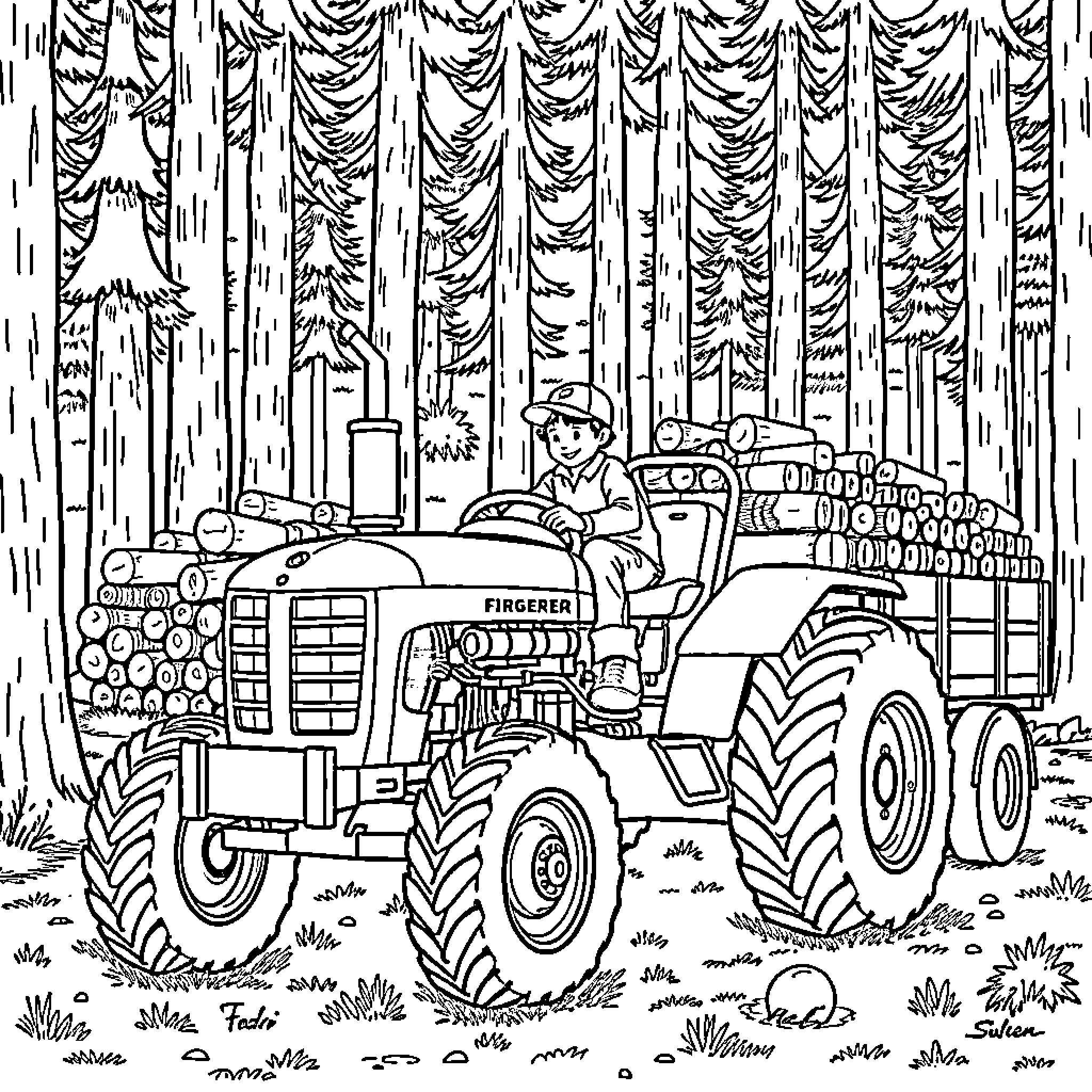 Tractor plowing through the forest landscape Coloring Page (free black-and-white line drawing printable PDF for all, from beginners to advanced learners, including children, teens, adults, and seniors)