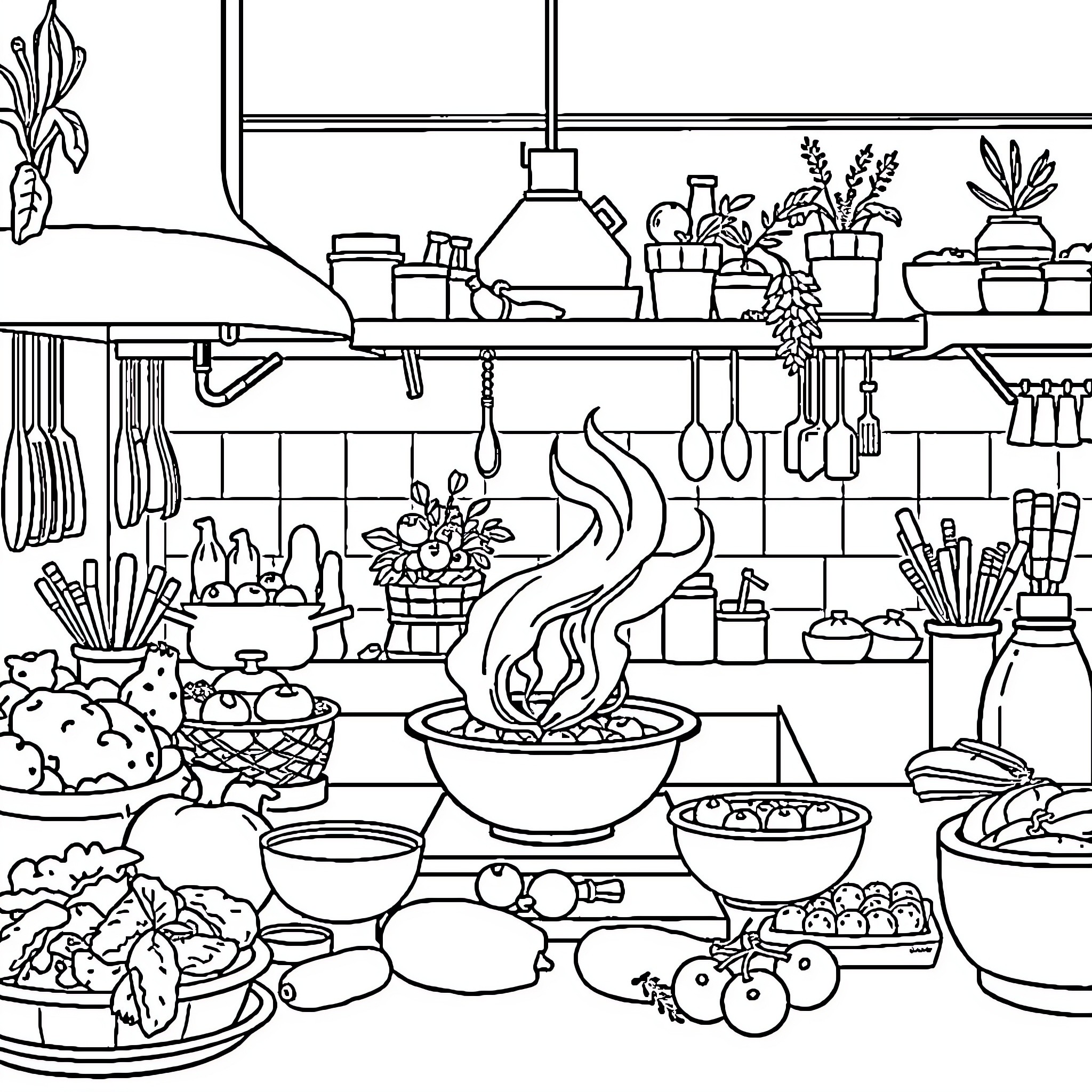 Cooking Scene with Various Utensils and Dishes Coloring Page (free black-and-white line drawing printable PDF for all, from beginners to advanced learners, including children, teens, adults, and seniors)