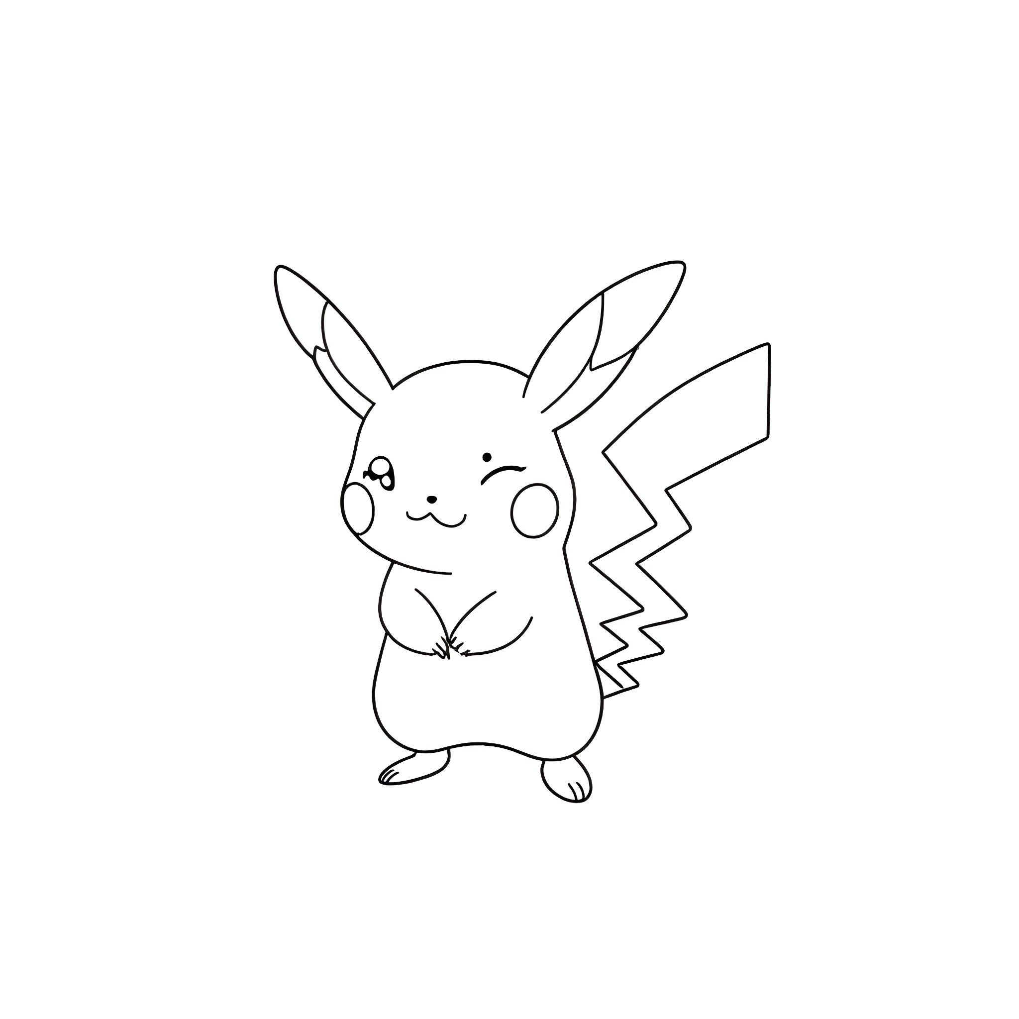 Pikachu in a playful pose Coloring Page (free black-and-white line drawing printable PDF for all, from beginners to advanced learners, including children, teens, adults, and seniors)