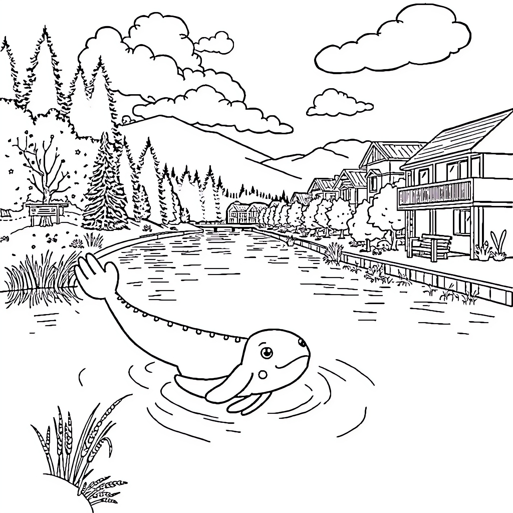 Ogopogo swimming in the scenic lake Coloring Page (free black-and-white line drawing printable PDF for all, from beginners to advanced learners, including children, teens, adults, and seniors)