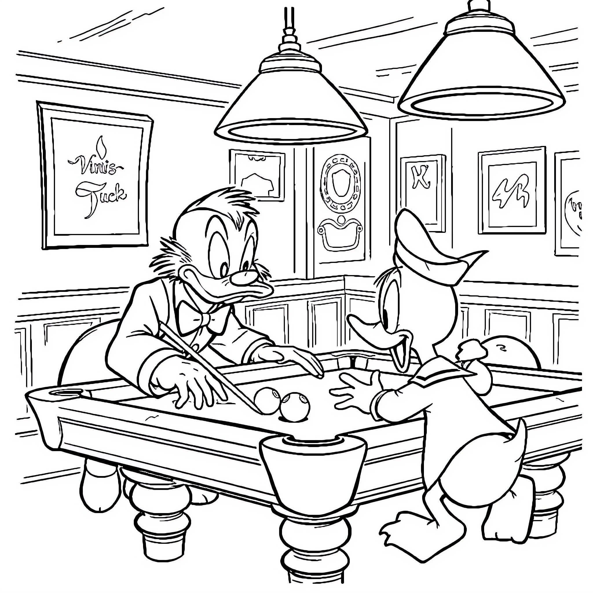 Scrooge McDuck playing pool with companions Coloring Page (free black-and-white line drawing printable PDF for all, from beginners to advanced learners, including children, teens, adults, and seniors)