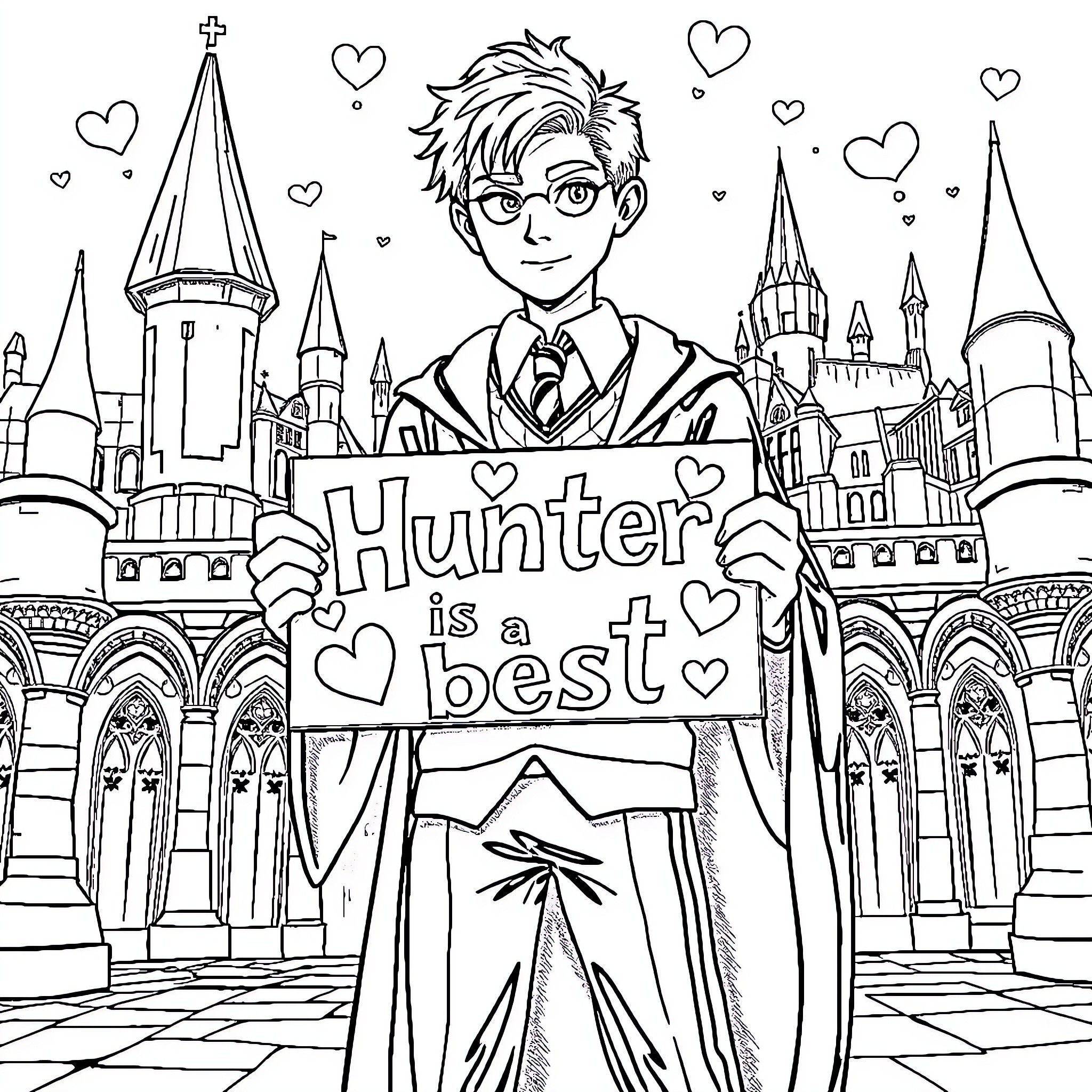Draco Malfoy declares that 'Hunter is a best' Coloring Page (free black-and-white line drawing printable PDF for all, from beginners to advanced learners, including children, teens, adults, and seniors)
