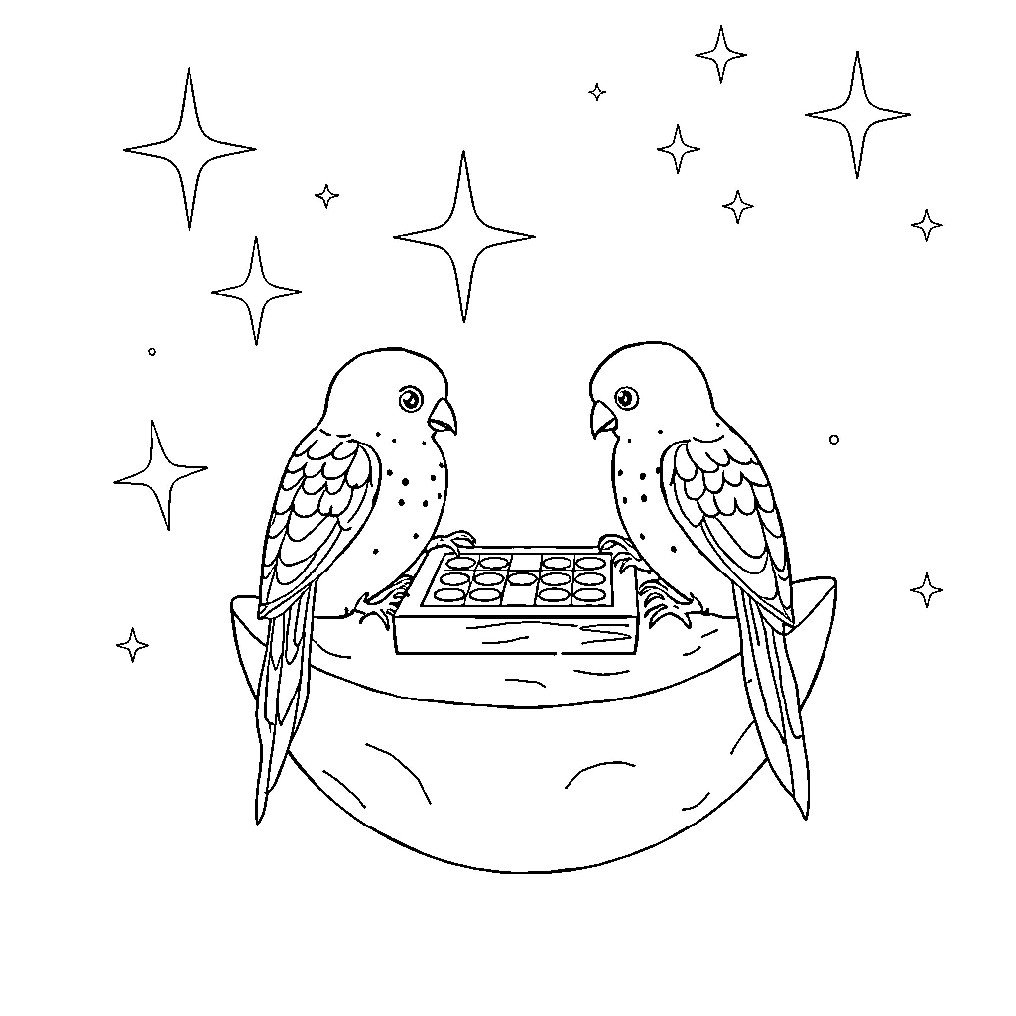 Lutin birds playing on a celestial chessboard Coloring Page (free black-and-white line drawing printable PDF for all, from beginners to advanced learners, including children, teens, adults, and seniors)