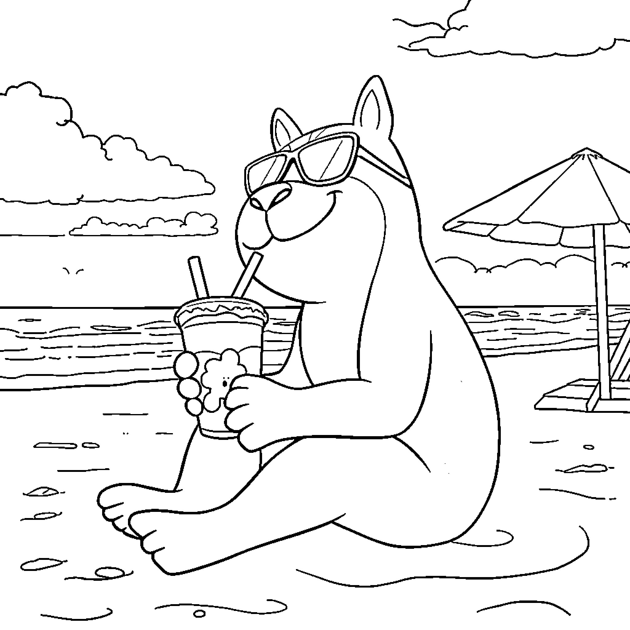 Zimomo relaxes on the beach with a refreshing drink Coloring Page (free black-and-white line drawing printable PDF for all, from beginners to advanced learners, including children, teens, adults, and seniors)