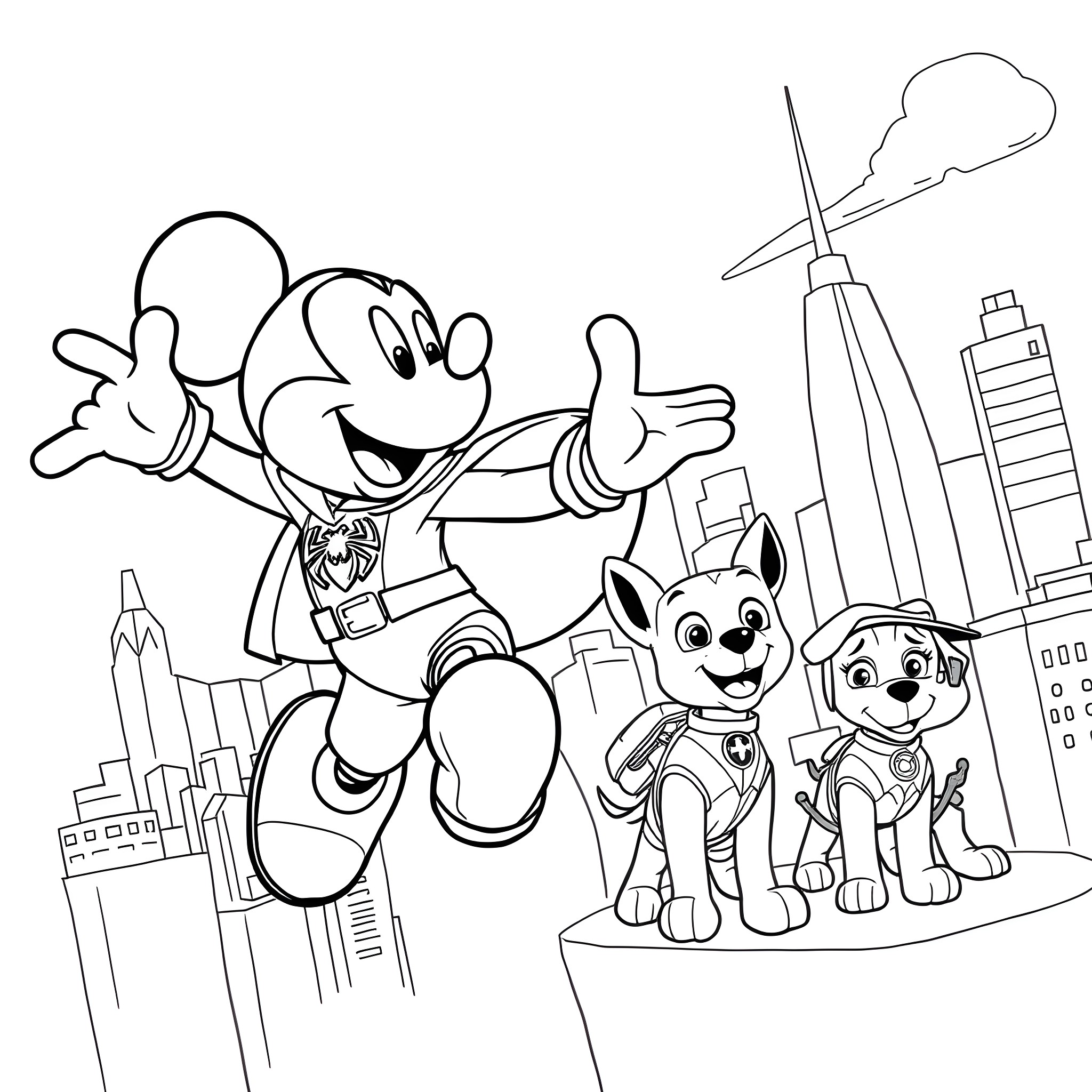 Mickey Mouse in the city with friends Coloring Page (free black-and-white line drawing printable PDF for all, from beginners to advanced learners, including children, teens, adults, and seniors)