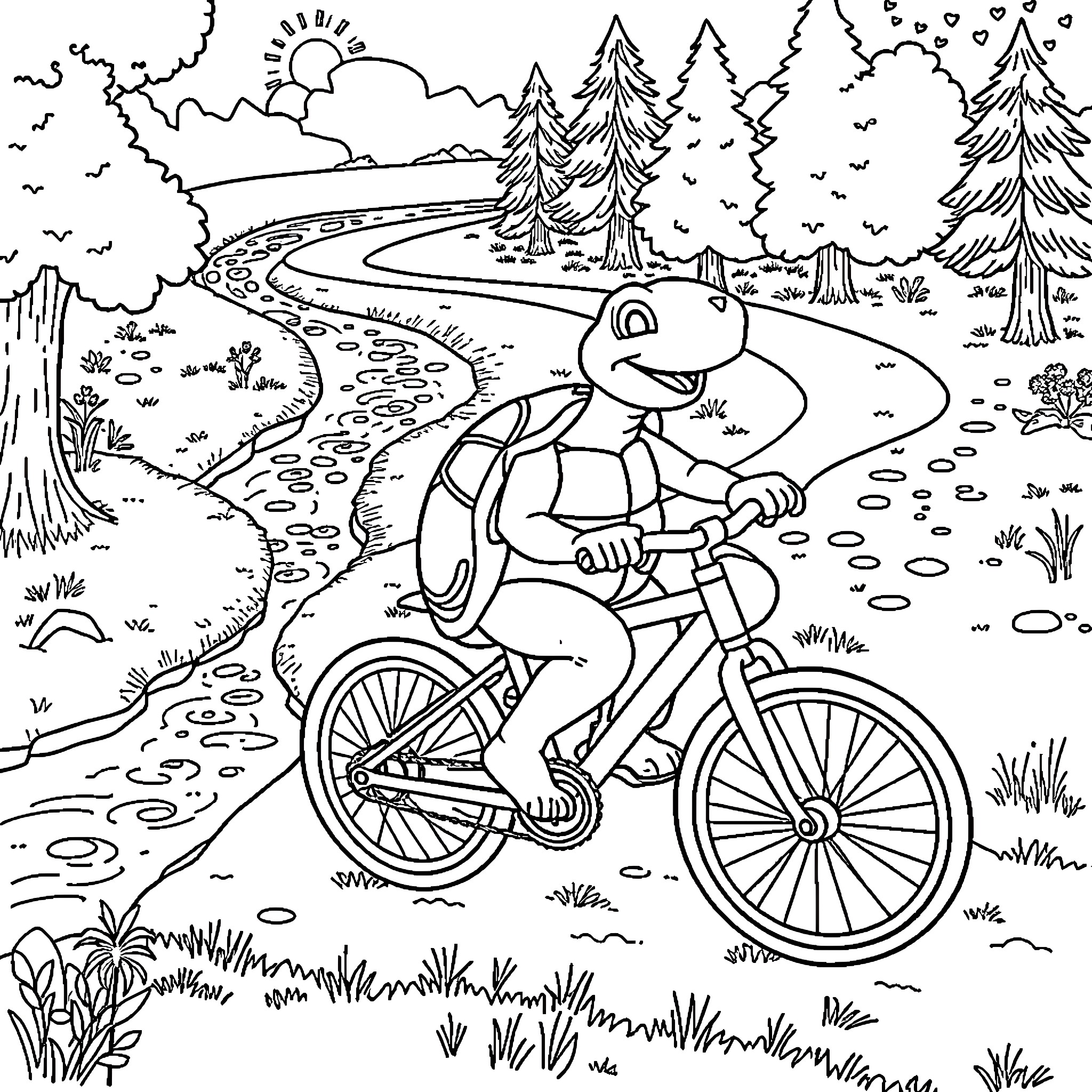 Turtle Riding Bicycle Through Scenic Forest Coloring Page (free black-and-white line drawing printable PDF for all, from beginners to advanced learners, including children, teens, adults, and seniors)