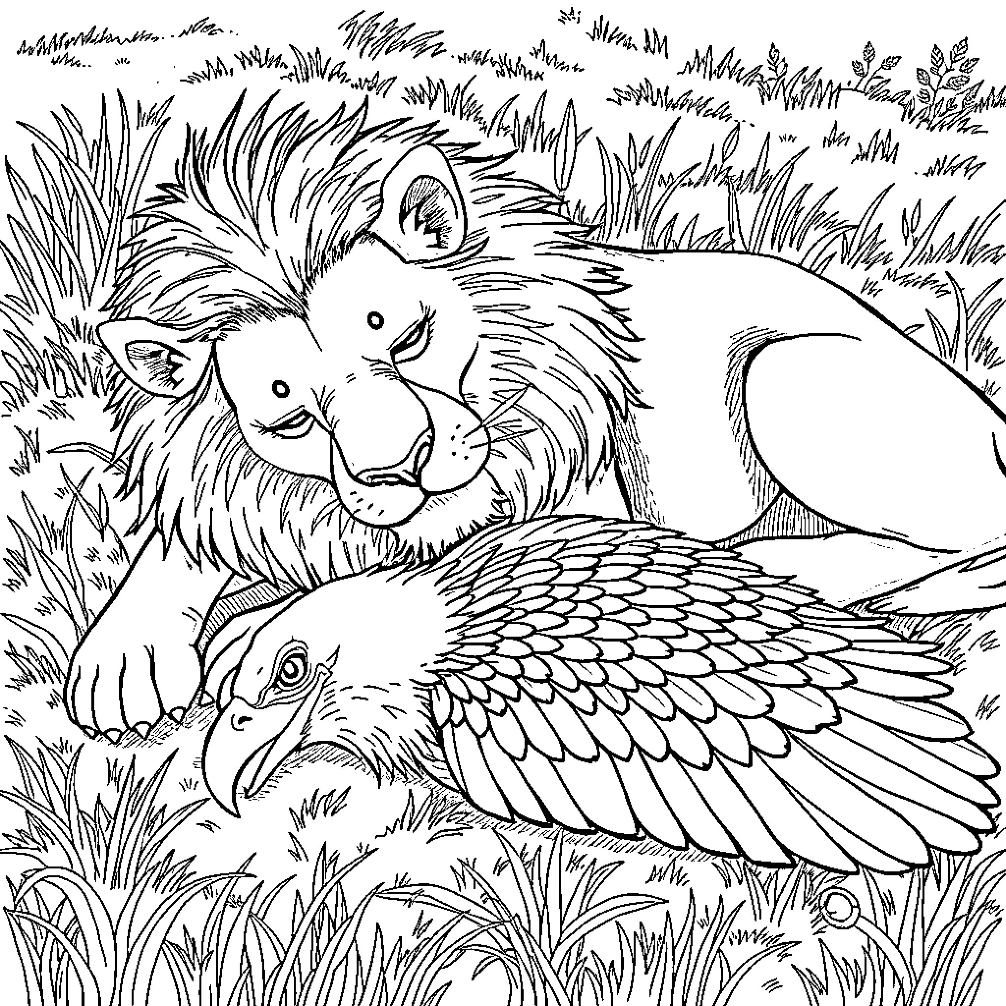 Lion resting in a lush, grassy habitat Coloring Page (free black-and-white line drawing printable PDF for all, from beginners to advanced learners, including children, teens, adults, and seniors)
