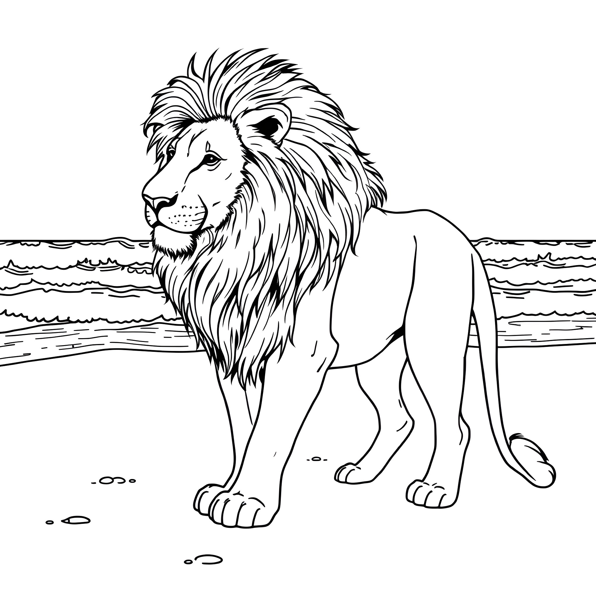 Lion standing on the beach Coloring Page (free black-and-white line drawing printable PDF for all, from beginners to advanced learners, including children, teens, adults, and seniors)