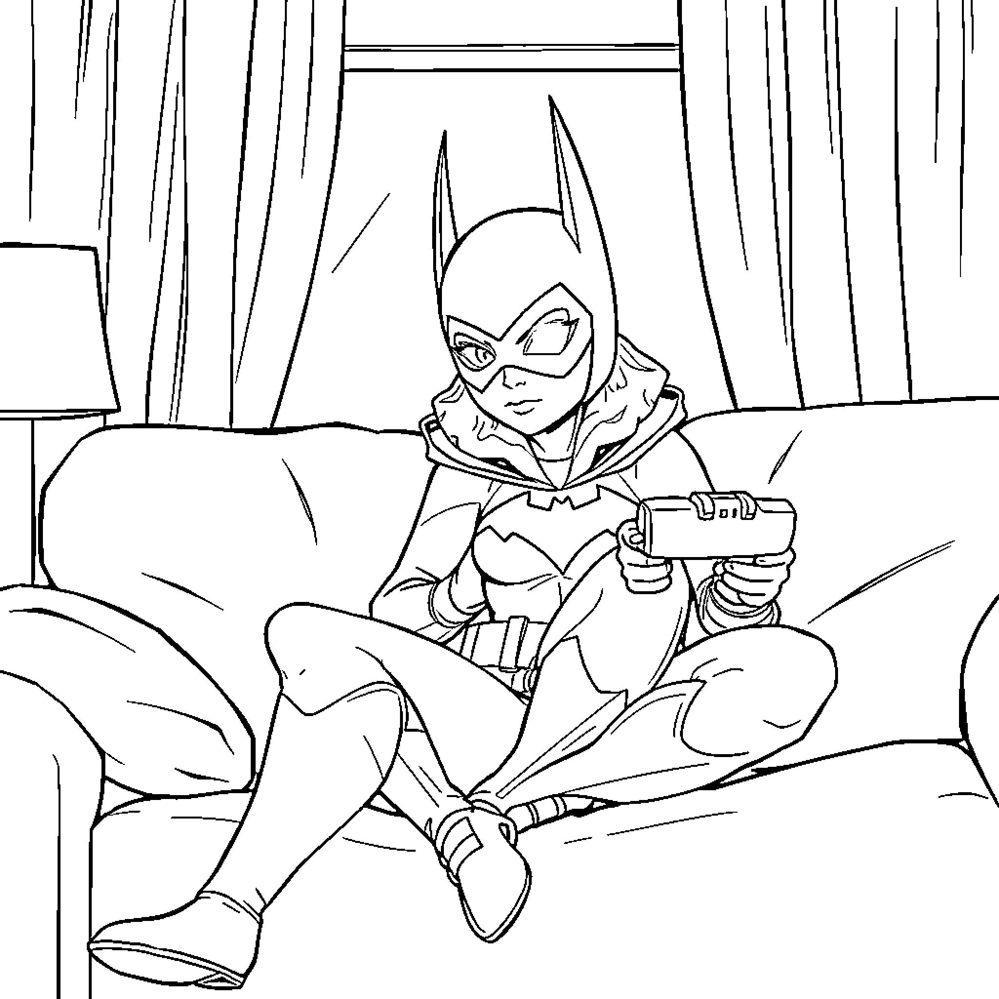 Batgirl Relaxing in Her Hideout Coloring Page (free black-and-white line drawing printable PDF for all, from beginners to advanced learners, including children, teens, adults, and seniors)