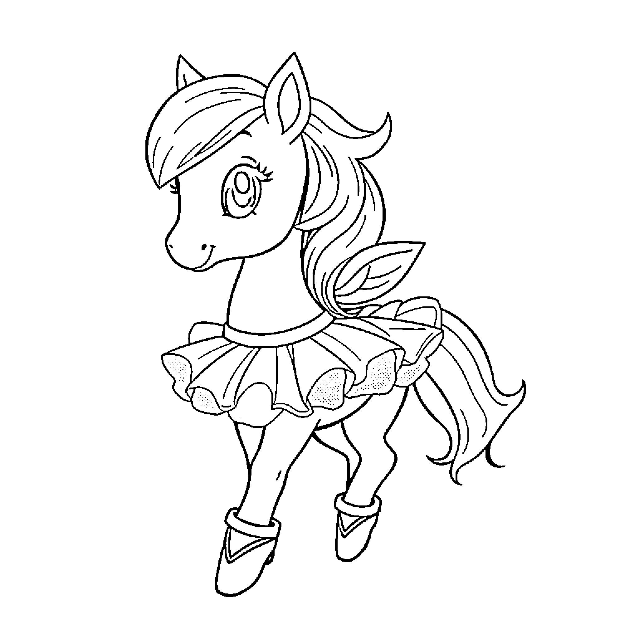 Pony wearing a dance outfit Coloring Page (free black-and-white line drawing printable PDF for all, from beginners to advanced learners, including children, teens, adults, and seniors)