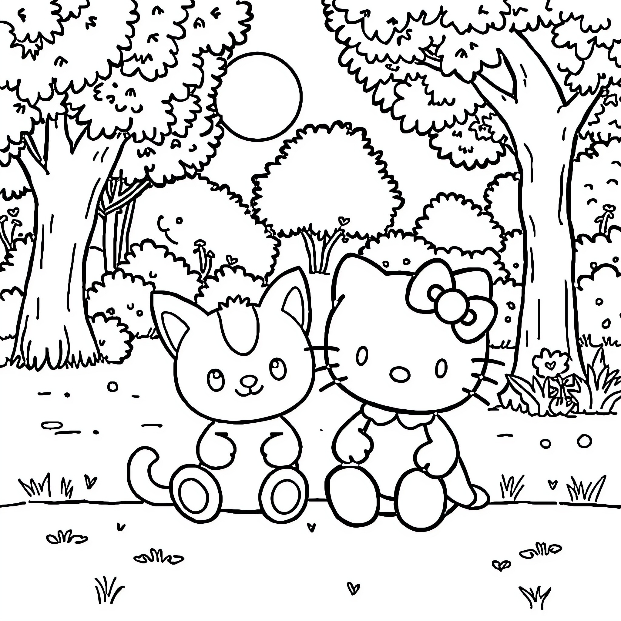 Hello Kitty and Friends Explore the Enchanted Forest Coloring Page (free black-and-white line drawing printable PDF for all, from beginners to advanced learners, including children, teens, adults, and seniors)
