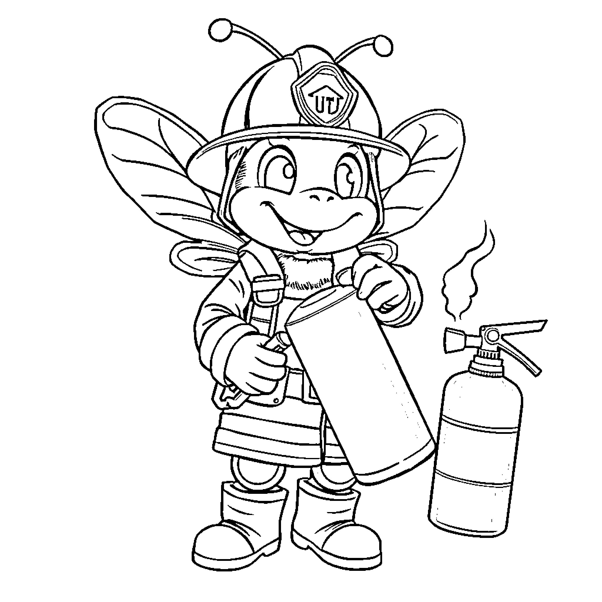 Bee firefighter using fire extinguisher Coloring Page (free black-and-white line drawing printable PDF for all, from beginners to advanced learners, including children, teens, adults, and seniors)