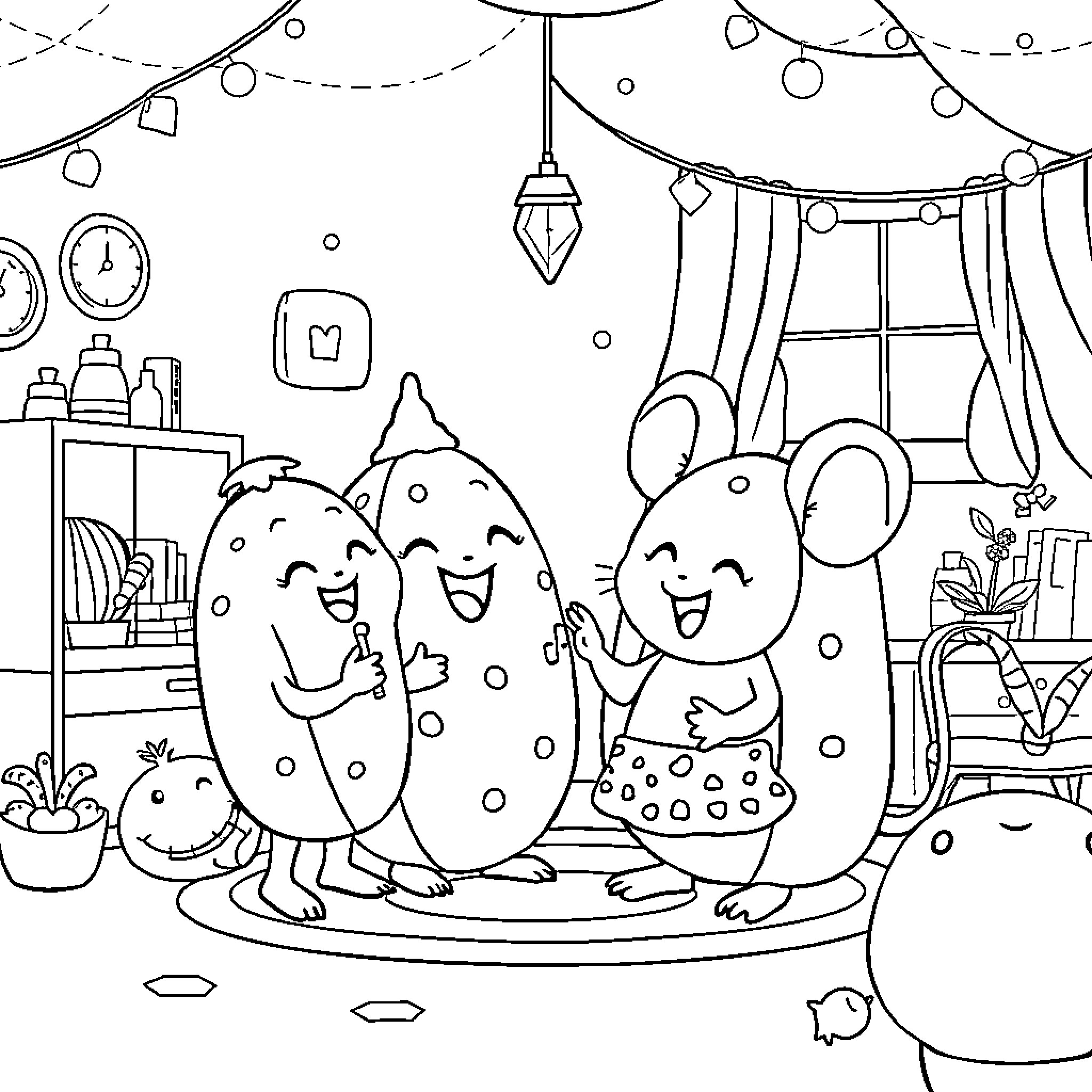 Cocomelon Characters in Cozy Home Setting Coloring Page (free black-and-white line drawing printable PDF for all, from beginners to advanced learners, including children, teens, adults, and seniors)