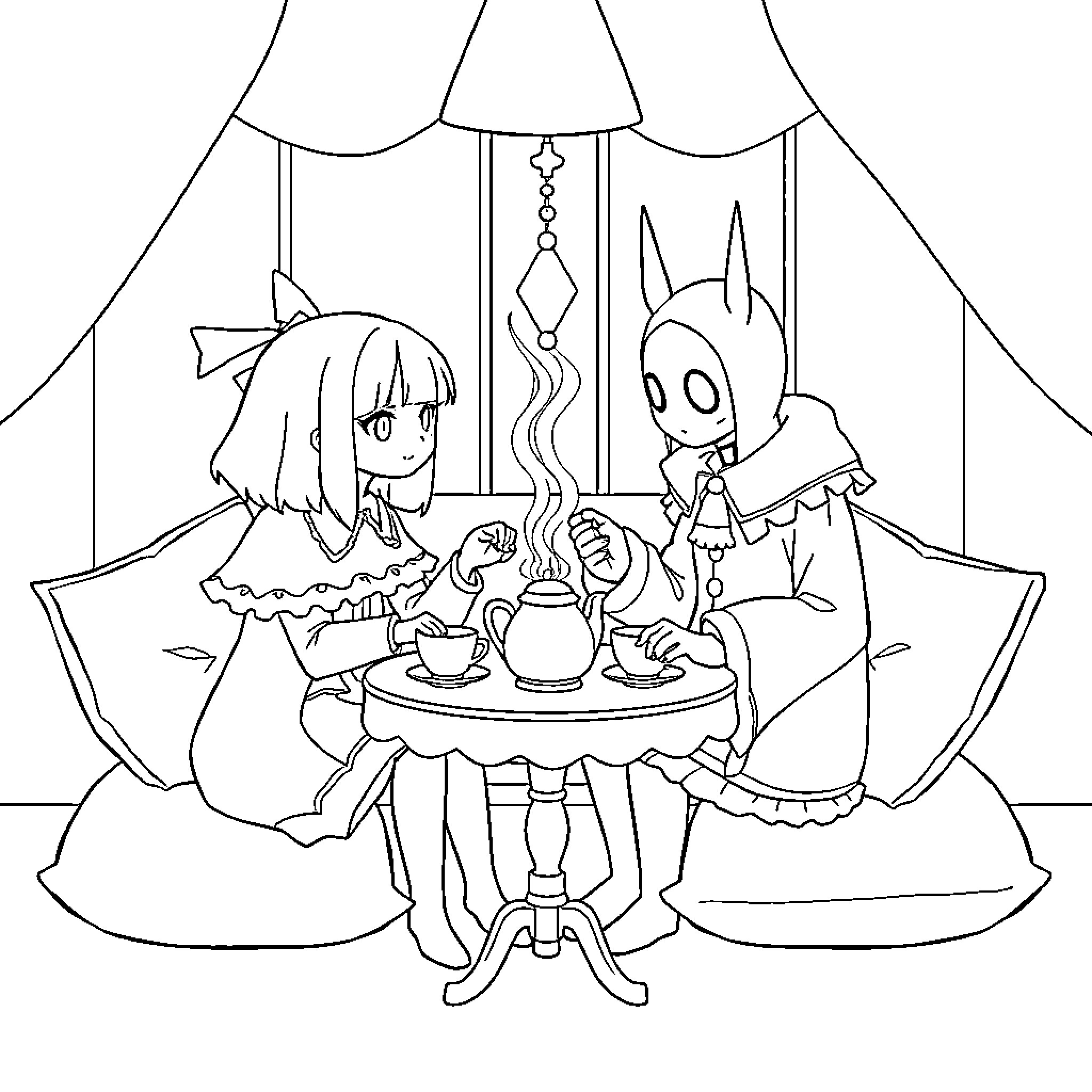 Ralsei and a friend sharing tea at a table Coloring Page (free black-and-white line drawing printable PDF for all, from beginners to advanced learners, including children, teens, adults, and seniors)