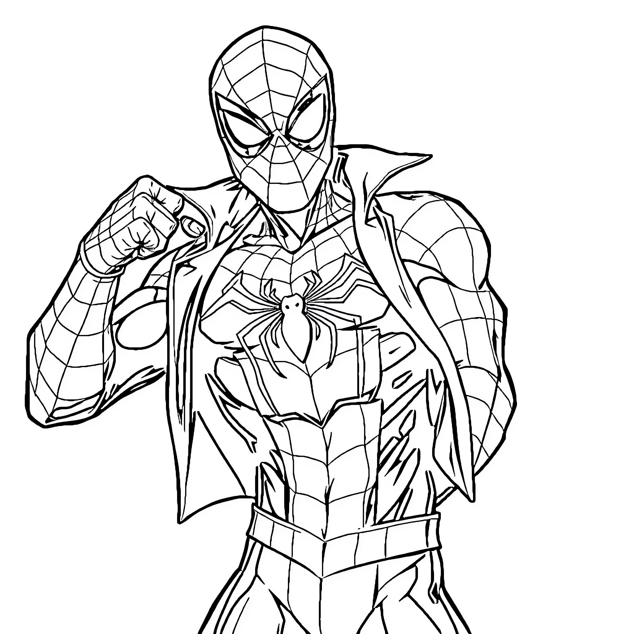 Spider-Man striking heroic pose in action Coloring Page (free black-and-white line drawing printable PDF for all, from beginners to advanced learners, including children, teens, adults, and seniors)