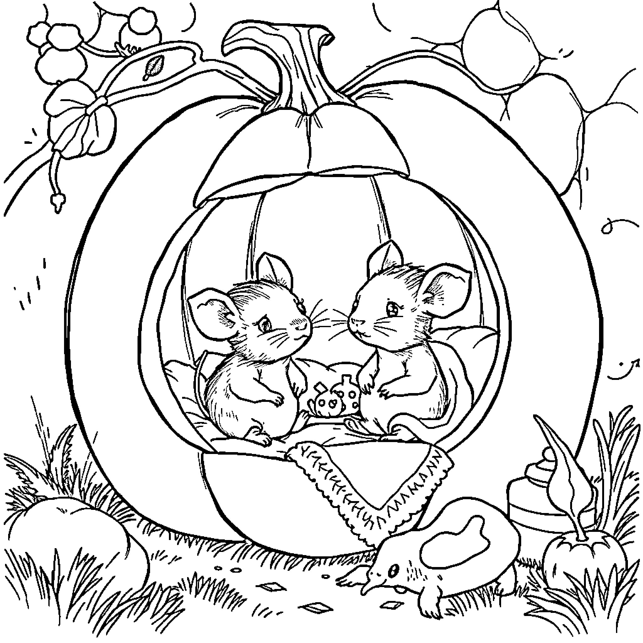 Mouse siblings playing in pumpkin patch Coloring Page (free black-and-white line drawing printable PDF for all, from beginners to advanced learners, including children, teens, adults, and seniors)