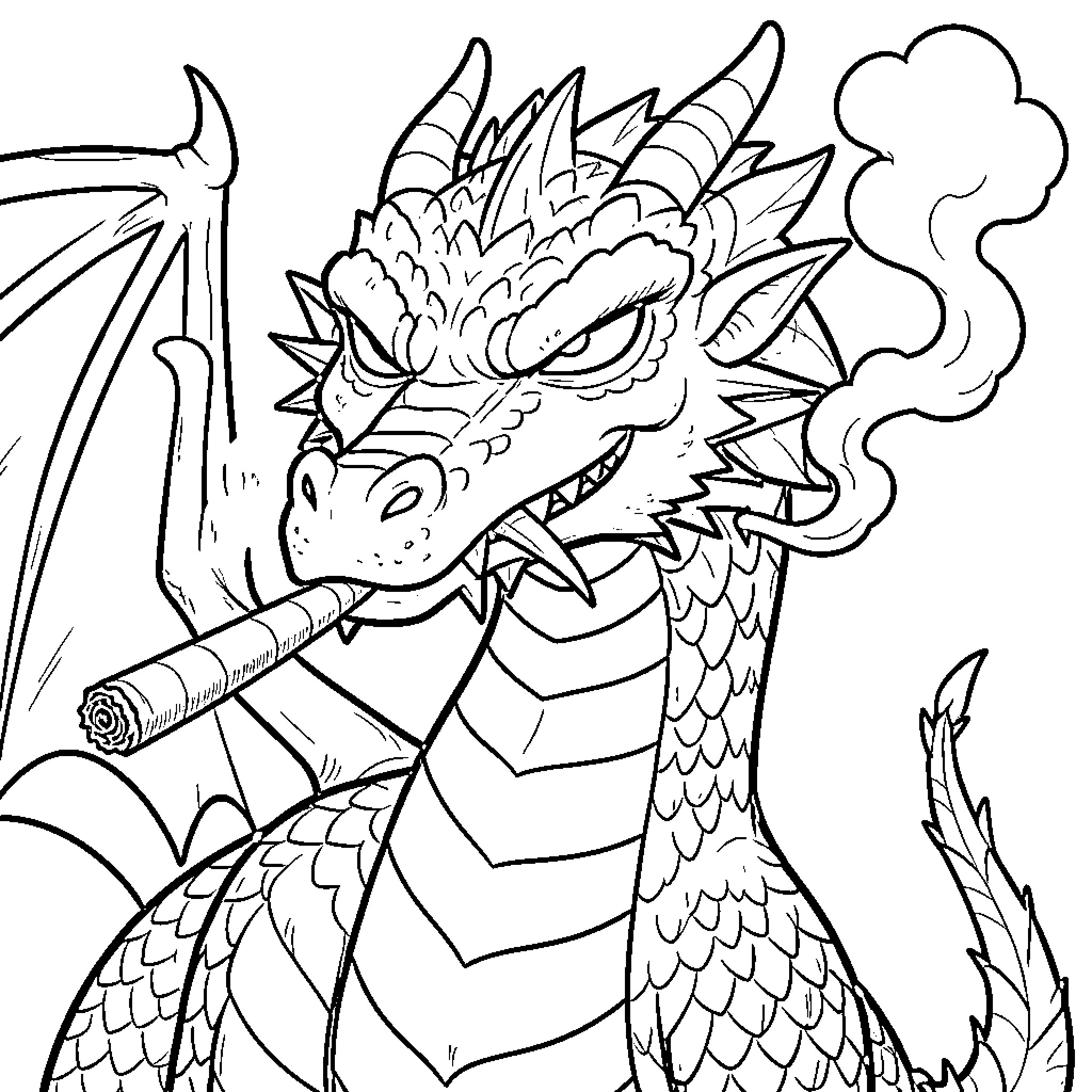 Dragon breathing fiery smoke from cigar Coloring Page (free black-and-white line drawing printable PDF for all, from beginners to advanced learners, including children, teens, adults, and seniors)