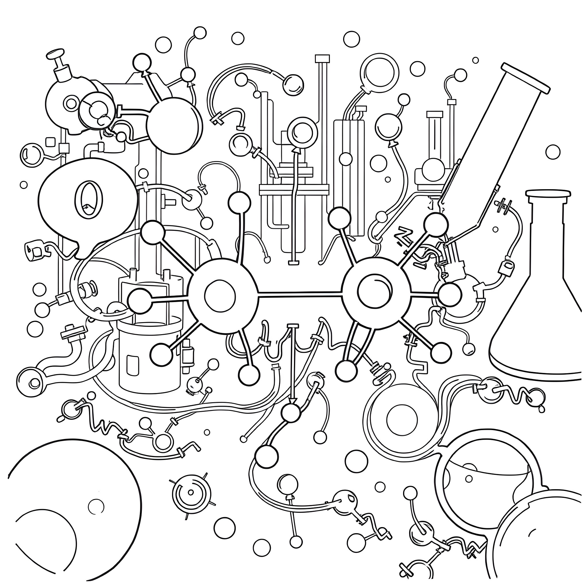 Chemistry Apparatus and Glassware Illustration Coloring Page (free black-and-white line drawing printable PDF for all, from beginners to advanced learners, including children, teens, adults, and seniors)
