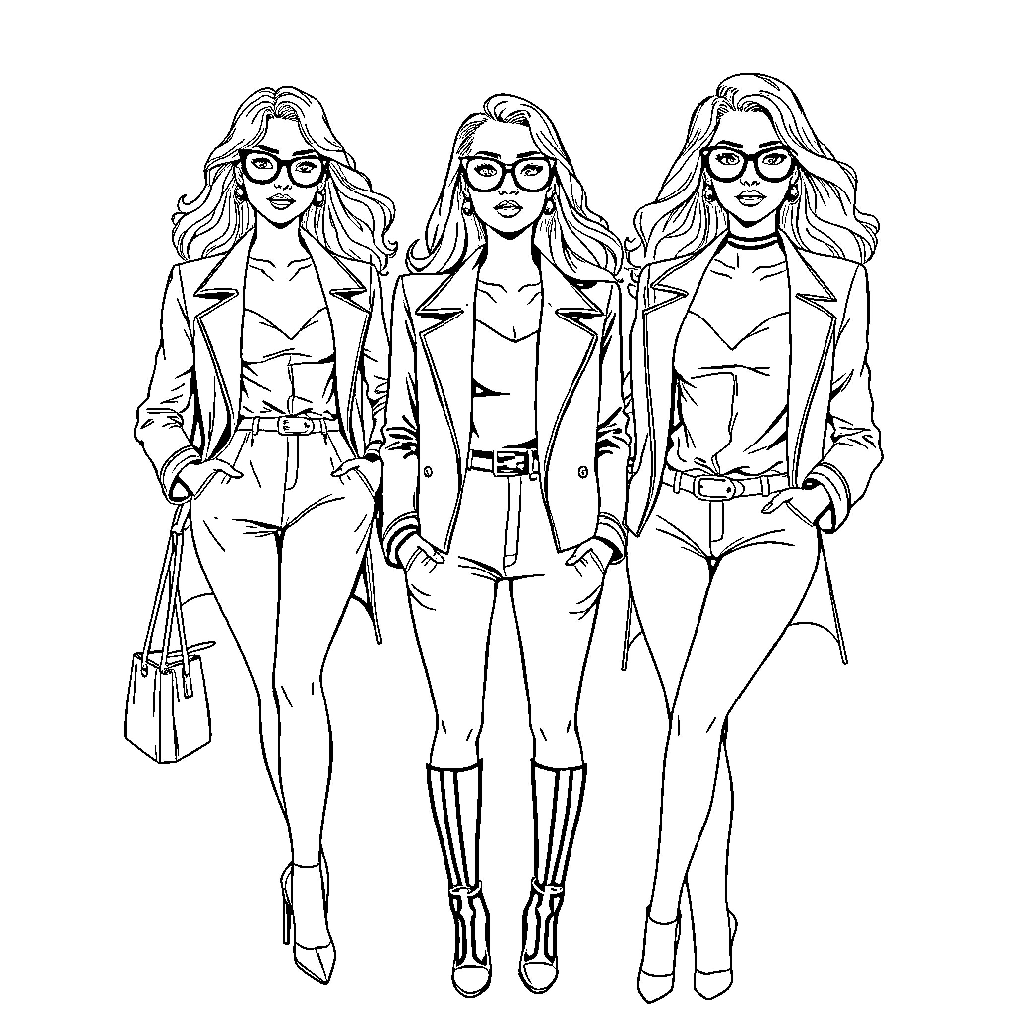 Women in stylish outfits posing with confidence Coloring Page (free black-and-white line drawing printable PDF for all, from beginners to advanced learners, including children, teens, adults, and seniors)