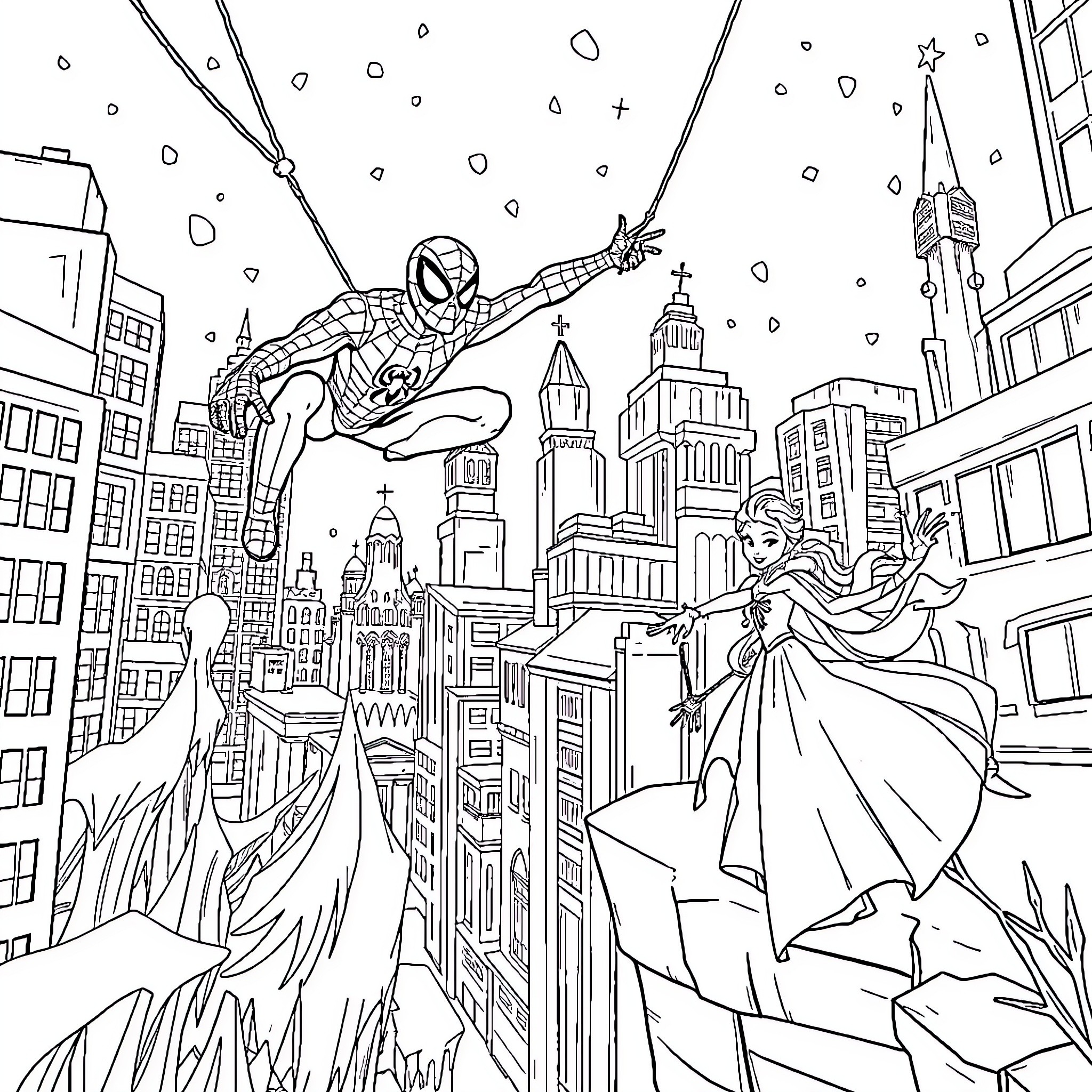 Spider-Man swinging through the city with a princess Coloring Page (free black-and-white line drawing printable PDF for all, from beginners to advanced learners, including children, teens, adults, and seniors)