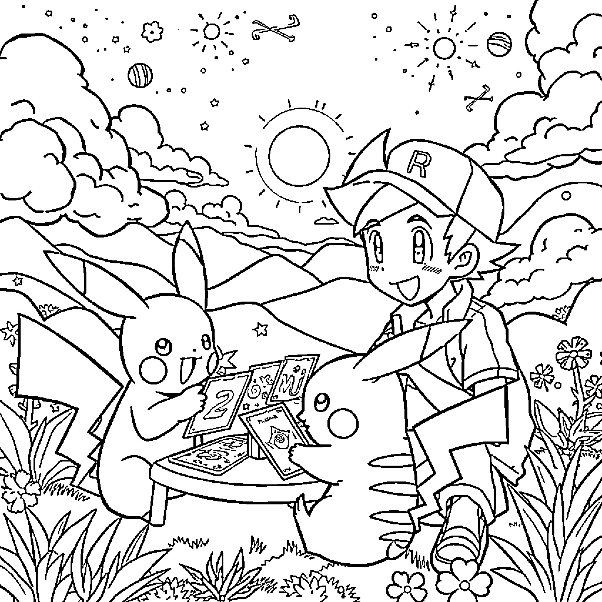 Evoli's Outdoor Adventure Coloring Page (free black-and-white line drawing printable PDF for all, from beginners to advanced learners, including children, teens, adults, and seniors)