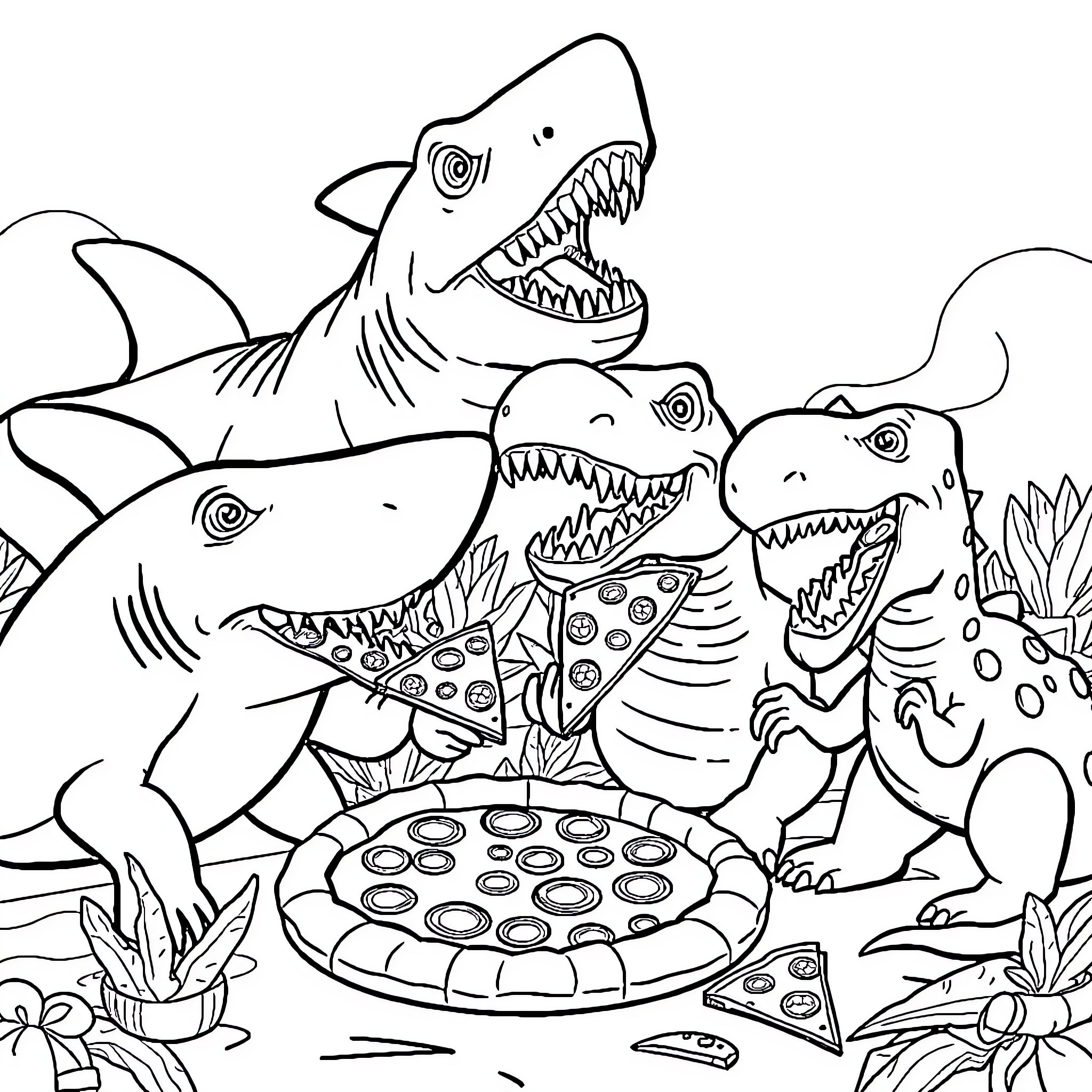 Shark family feasting on underwater pizza Coloring Page (free black-and-white line drawing printable PDF for all, from beginners to advanced learners, including children, teens, adults, and seniors)