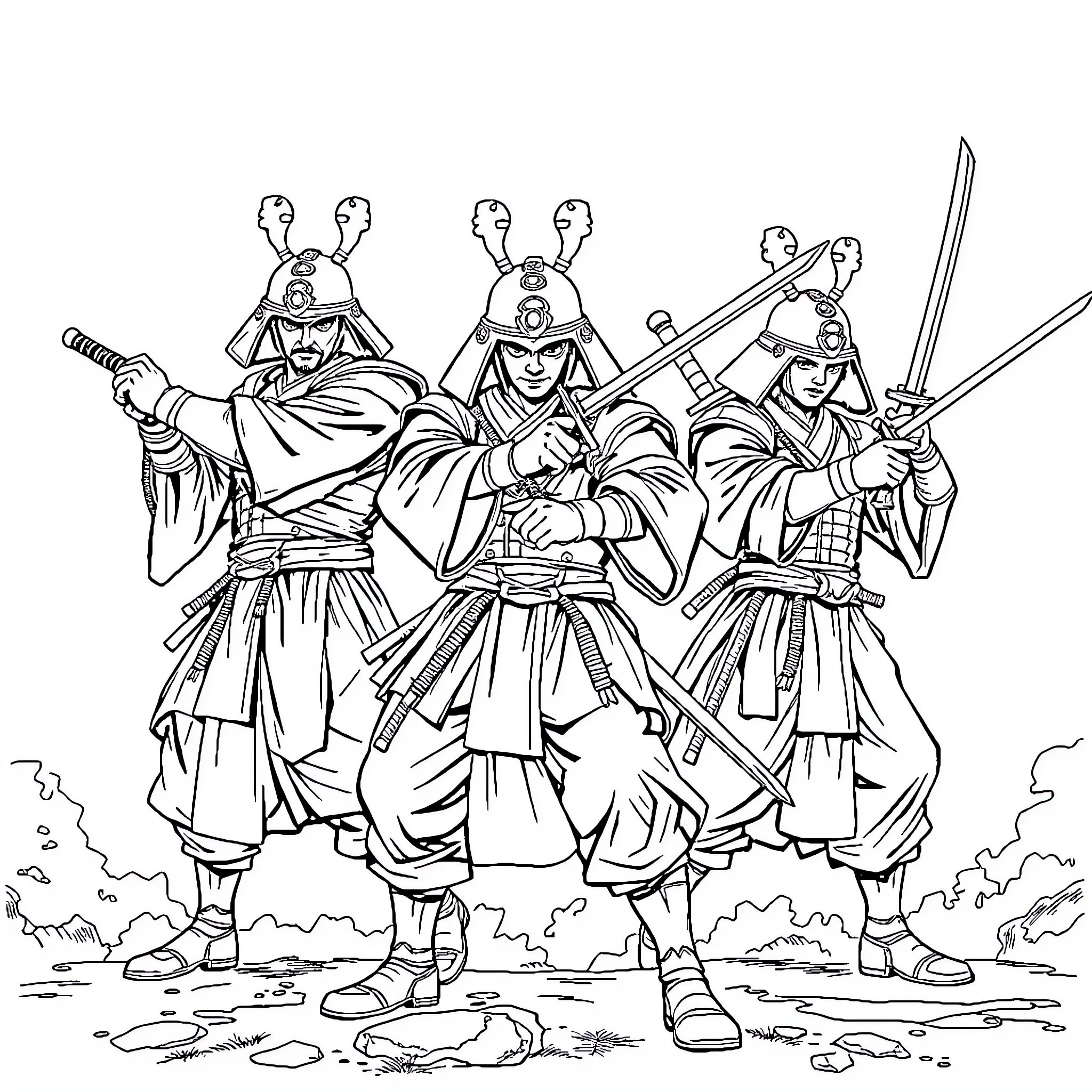 Ronin Warriors Marching in Formation Coloring Page (free black-and-white line drawing printable PDF for all, from beginners to advanced learners, including children, teens, adults, and seniors)