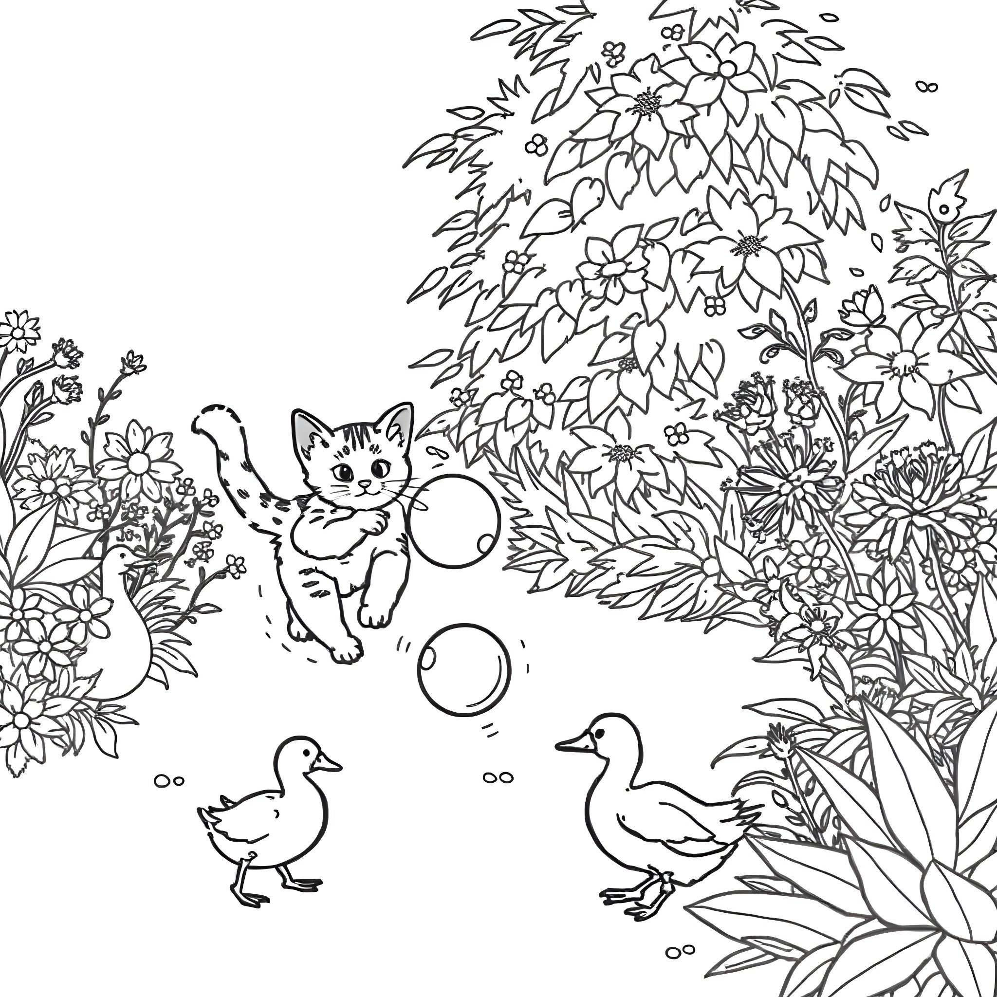 Cat playing among blooming flowers with birds Coloring Page (free black-and-white line drawing printable PDF for all, from beginners to advanced learners, including children, teens, adults, and seniors)
