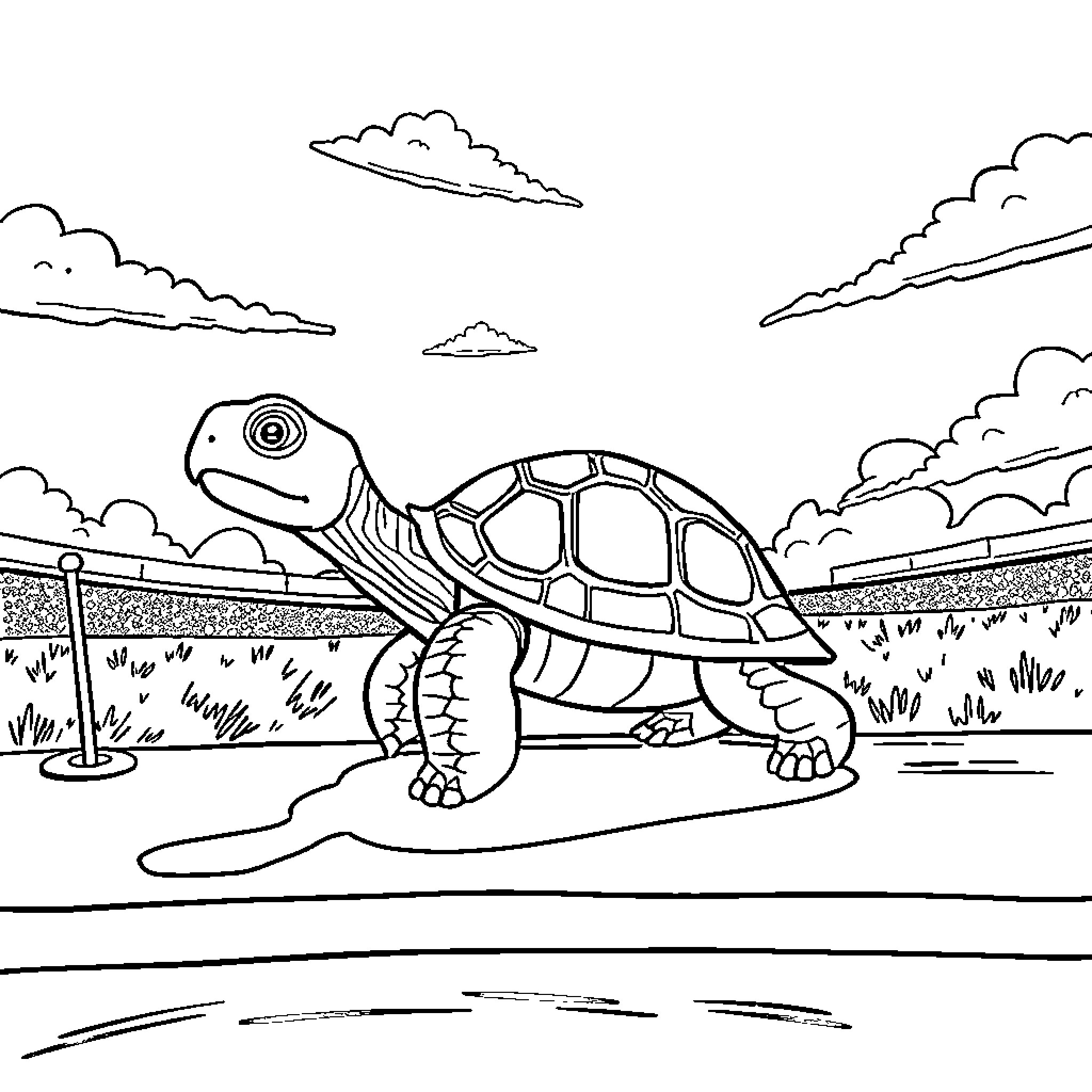 Tortoise enjoying a sunny day outdoors Coloring Page (free black-and-white line drawing printable PDF for all, from beginners to advanced learners, including children, teens, adults, and seniors)
