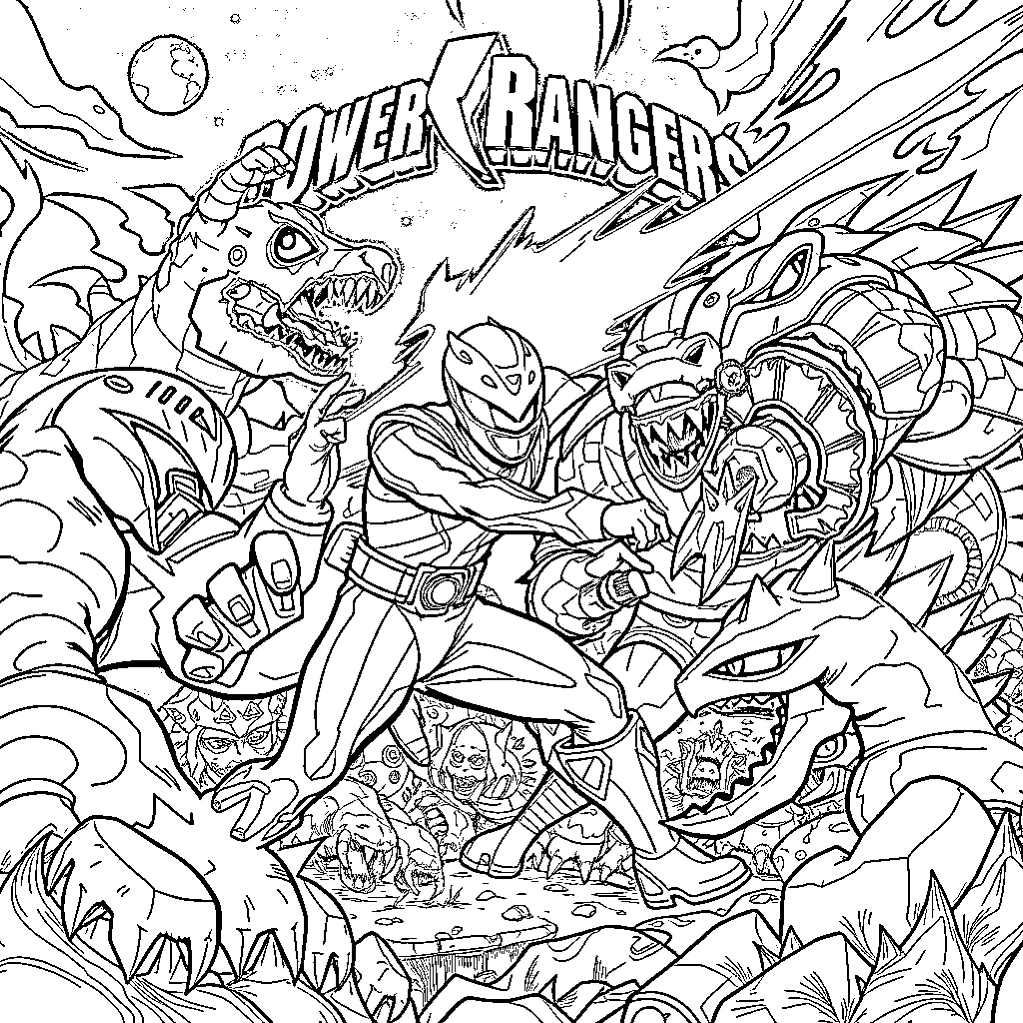 Power Rangers Battling Fierce Monsters in Otherworldly Landscape Coloring Page (free black-and-white line drawing printable PDF for all, from beginners to advanced learners, including children, teens, adults, and seniors)