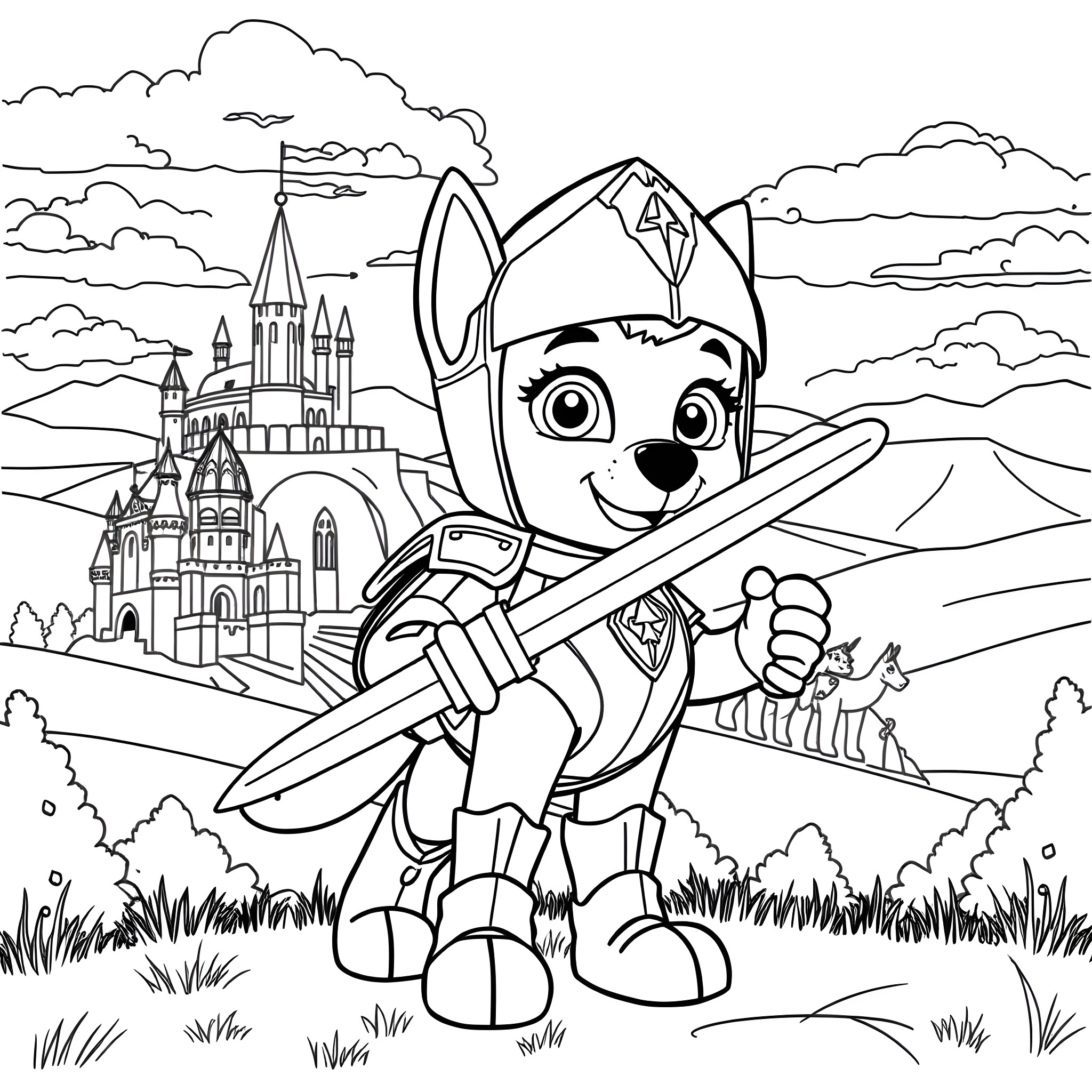 Skye's Adventure in the Castle Kingdom Coloring Page (free black-and-white line drawing printable PDF for all, from beginners to advanced learners, including children, teens, adults, and seniors)