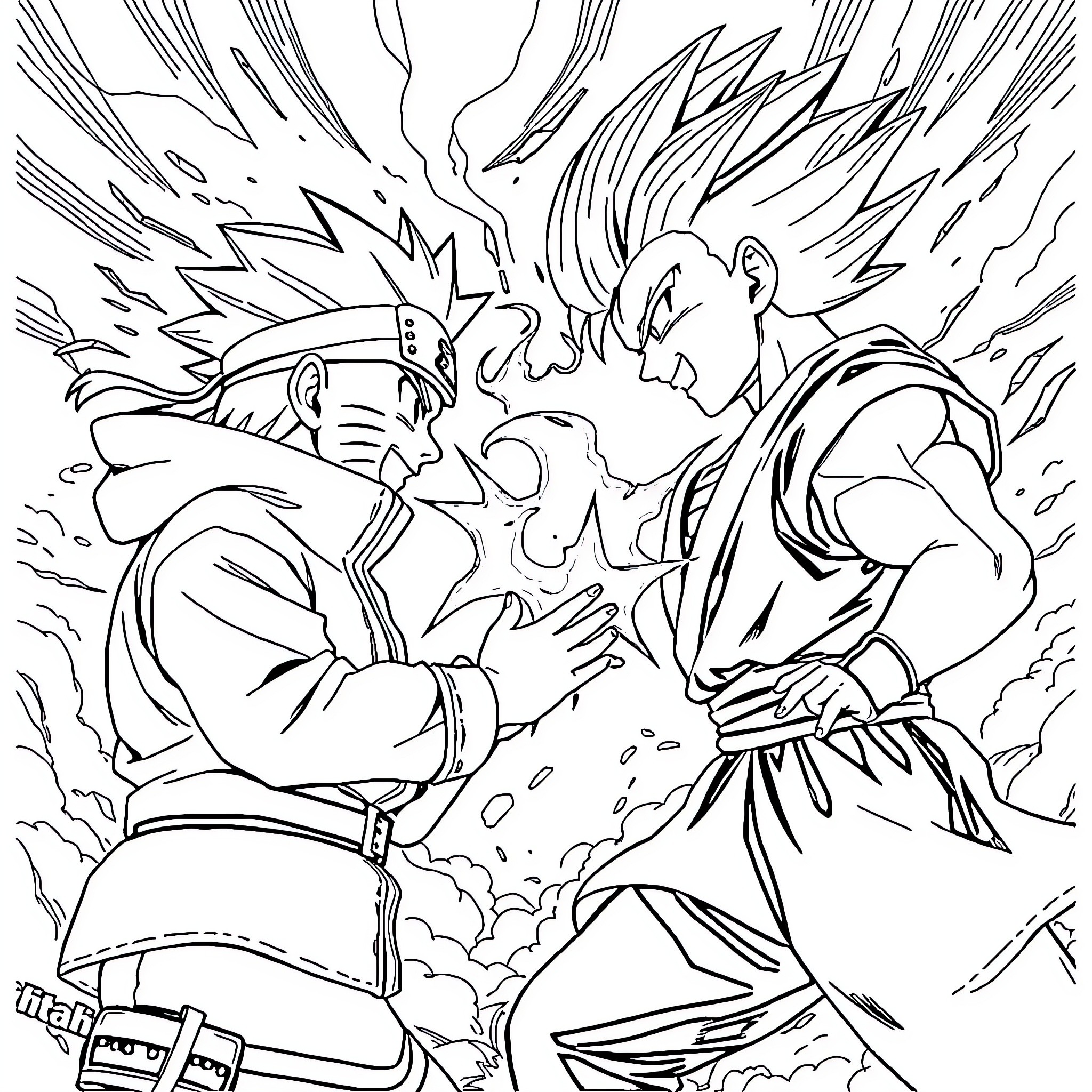 Naruto fierce battle between ninja warriors Coloring Page (free black-and-white line drawing printable PDF for all, from beginners to advanced learners, including children, teens, adults, and seniors)