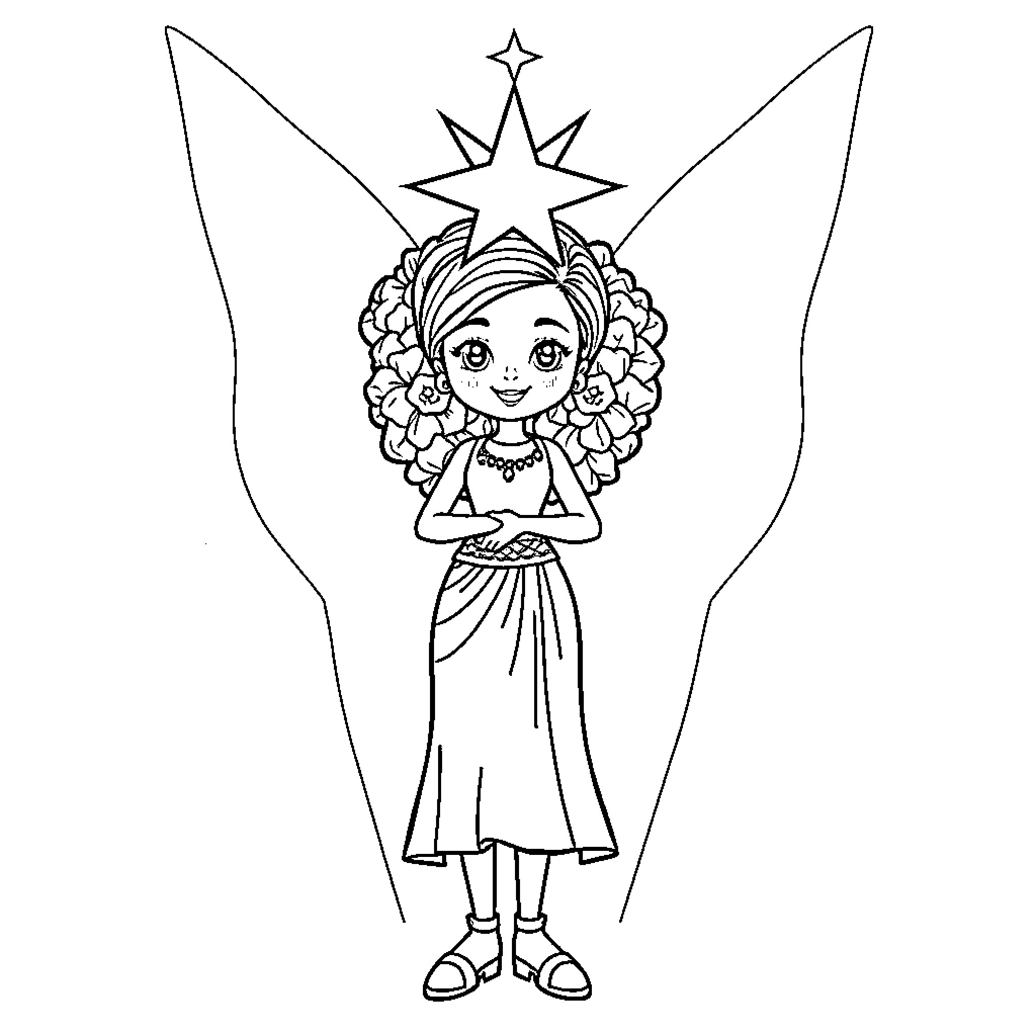 Aisha the Magical Star Princess Coloring Page (free black-and-white line drawing printable PDF for all, from beginners to advanced learners, including children, teens, adults, and seniors)