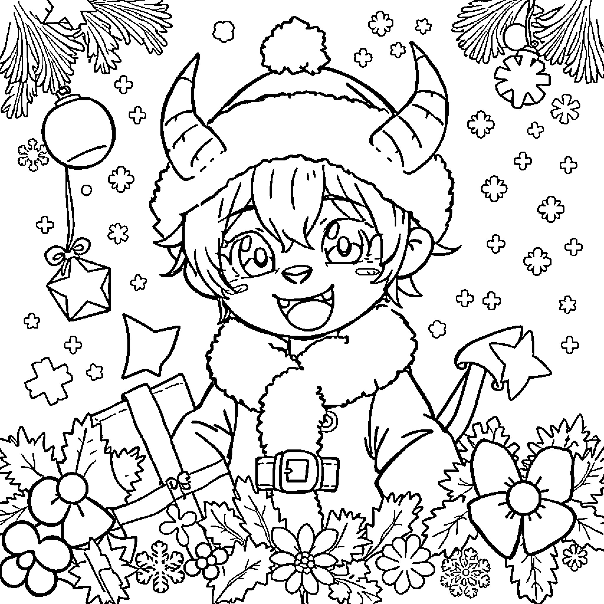 Rumi's Cheerful Winter Adventure Coloring Page (free black-and-white line drawing printable PDF for all, from beginners to advanced learners, including children, teens, adults, and seniors)