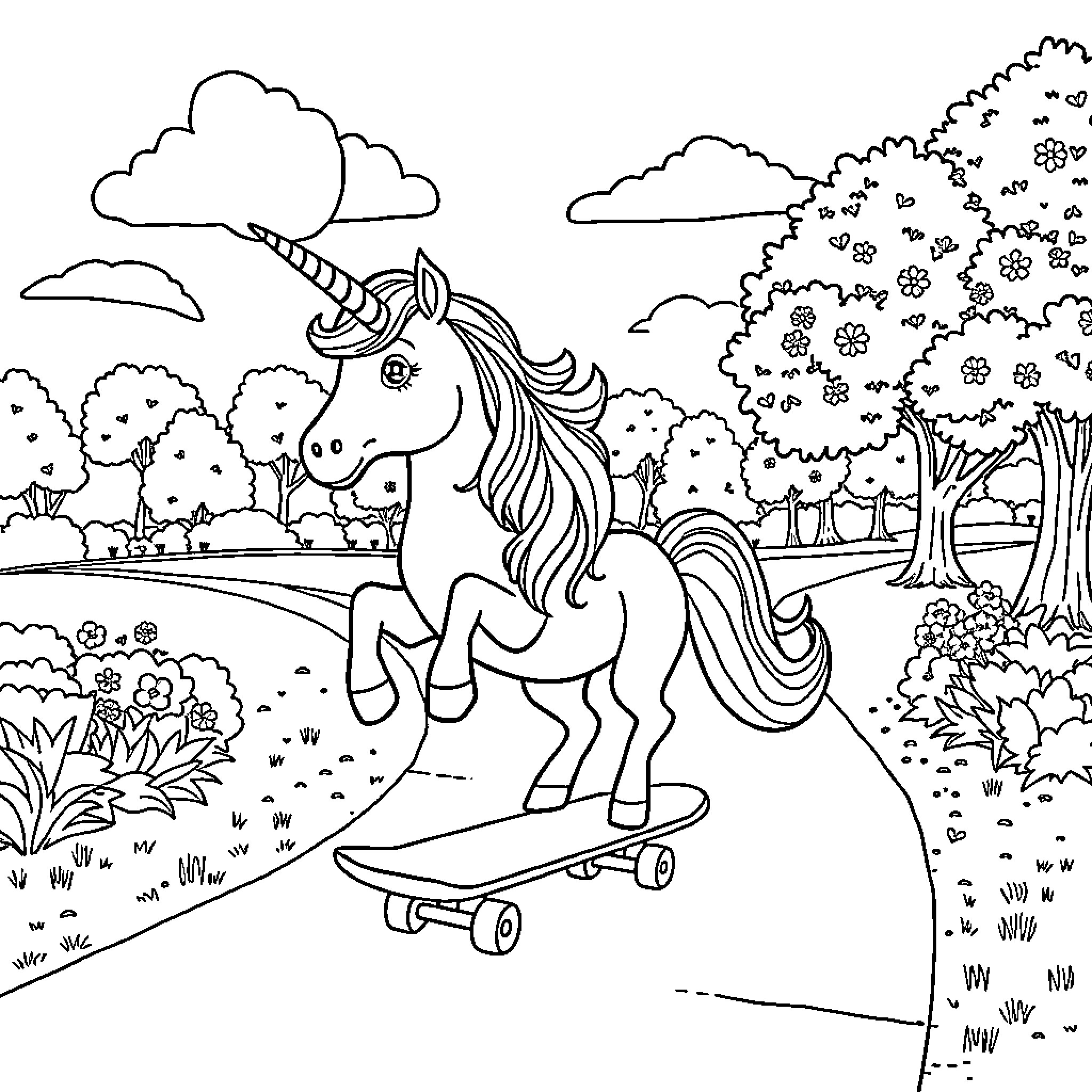 Unicorn riding a skateboard in a whimsical forest scene Coloring Page (free black-and-white line drawing printable PDF for all, from beginners to advanced learners, including children, teens, adults, and seniors)