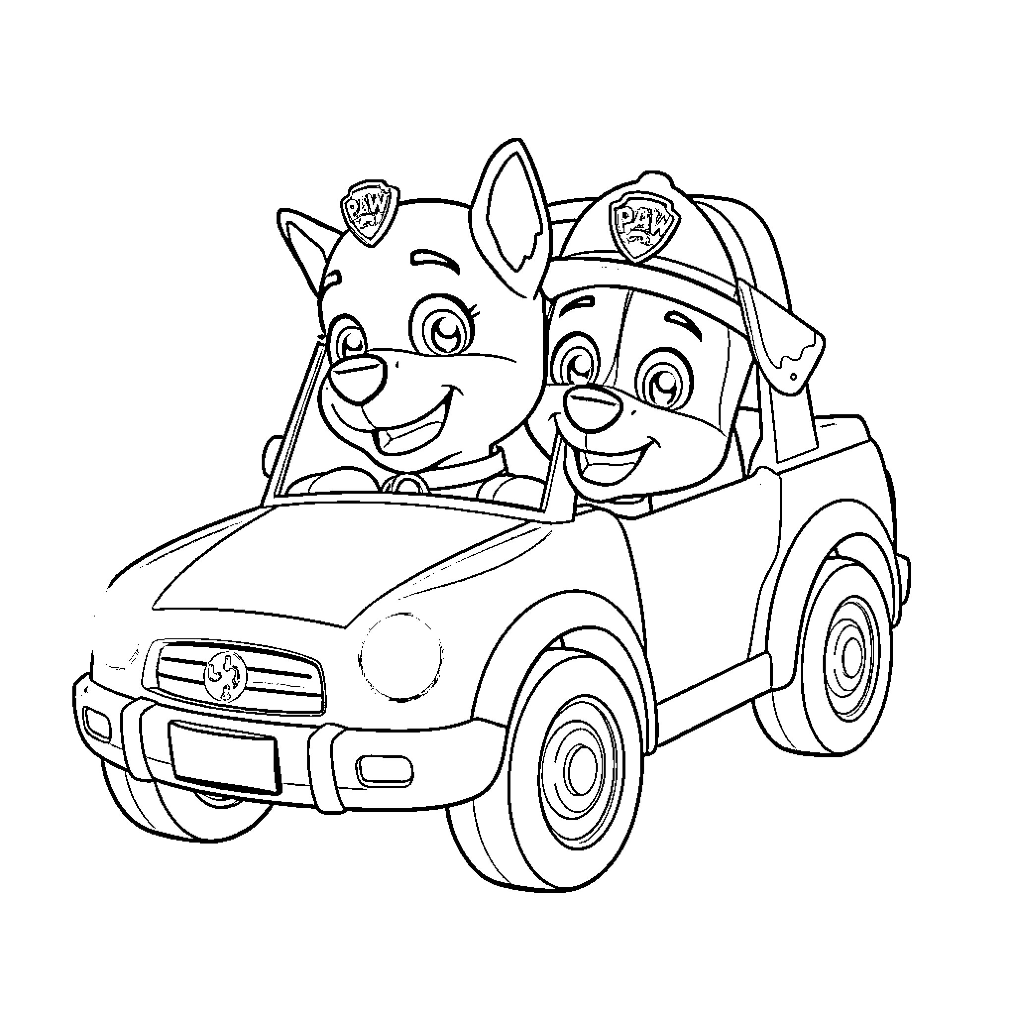 Car with Cartoon Characters Riding Happily Coloring Page (free black-and-white line drawing printable PDF for all, from beginners to advanced learners, including children, teens, adults, and seniors)