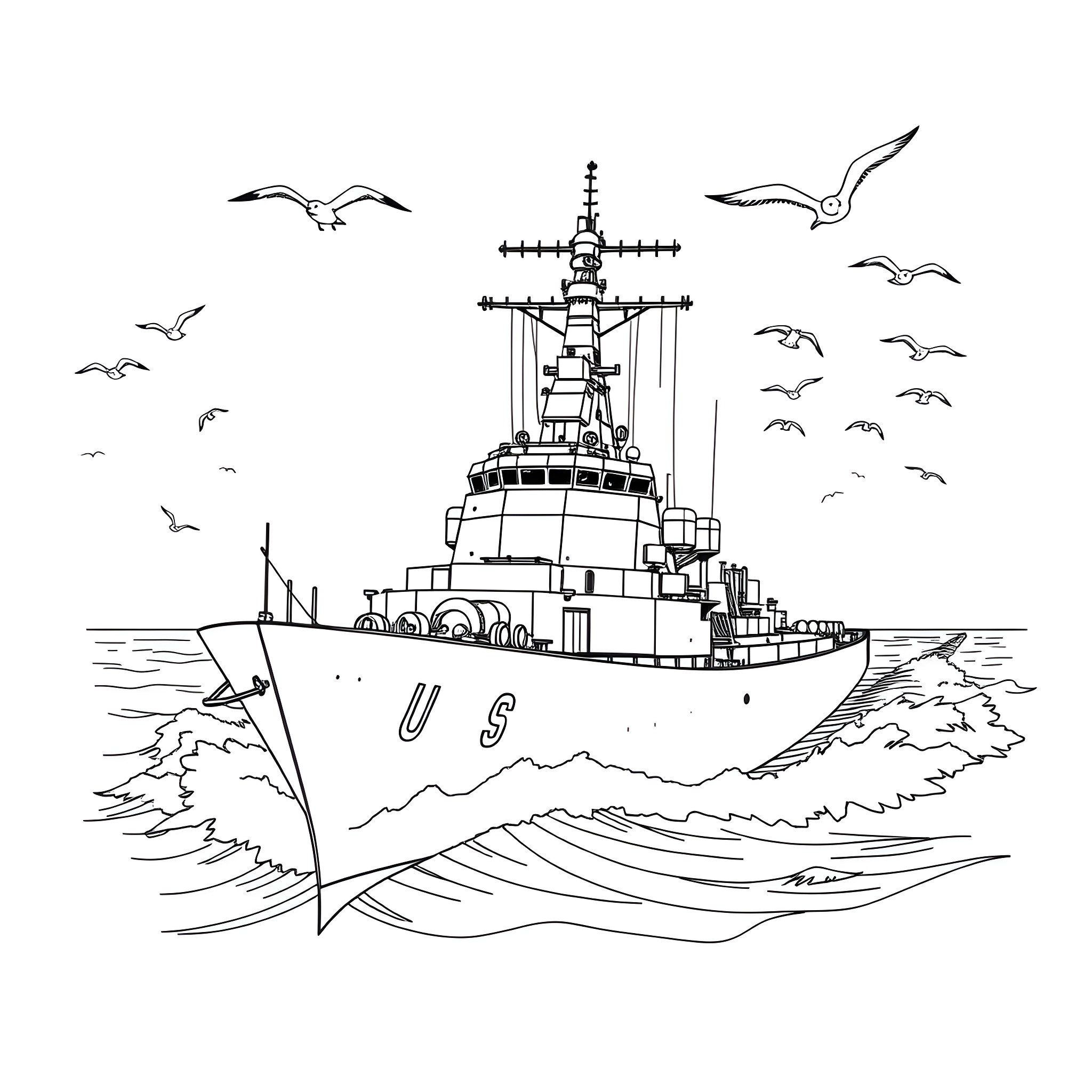 USS Halsey navigating the open seas Coloring Page (free black-and-white line drawing printable PDF for all, from beginners to advanced learners, including children, teens, adults, and seniors)