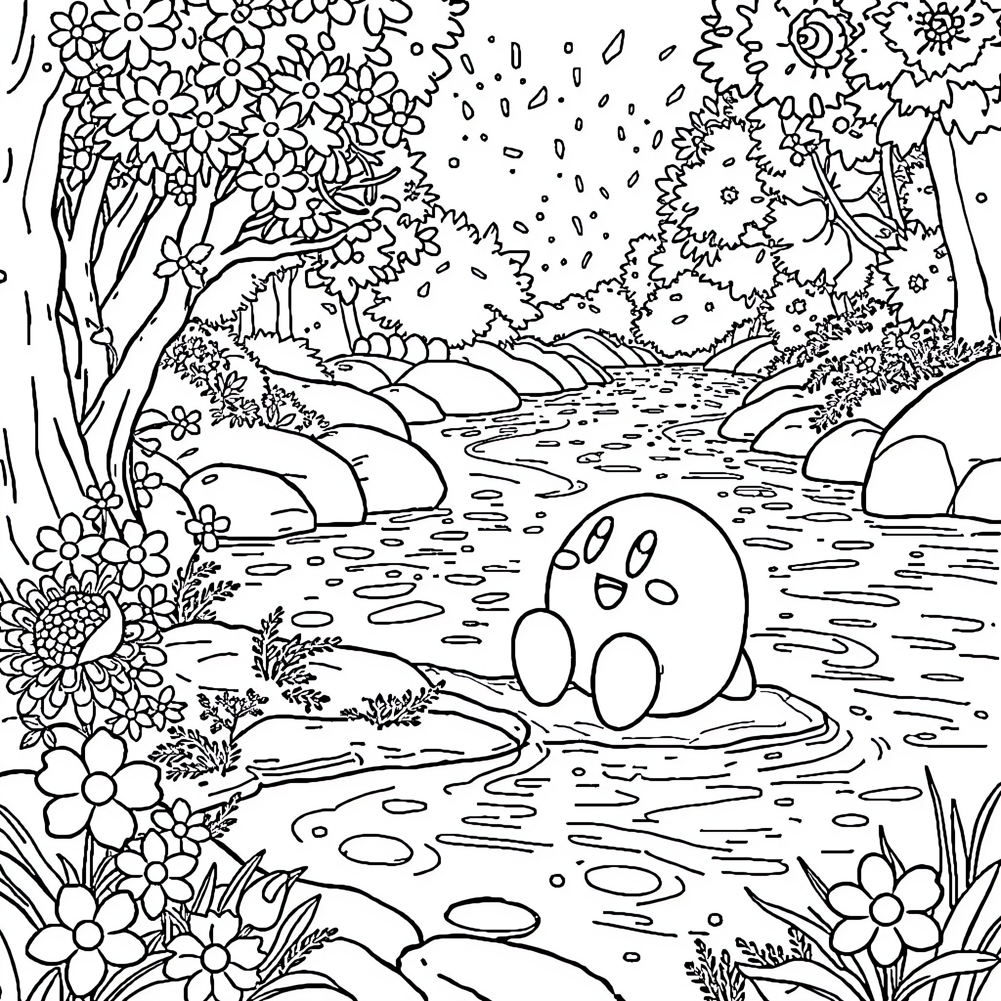 Kirby exploring a whimsical floral landscape Coloring Page (free black-and-white line drawing printable PDF for all, from beginners to advanced learners, including children, teens, adults, and seniors)