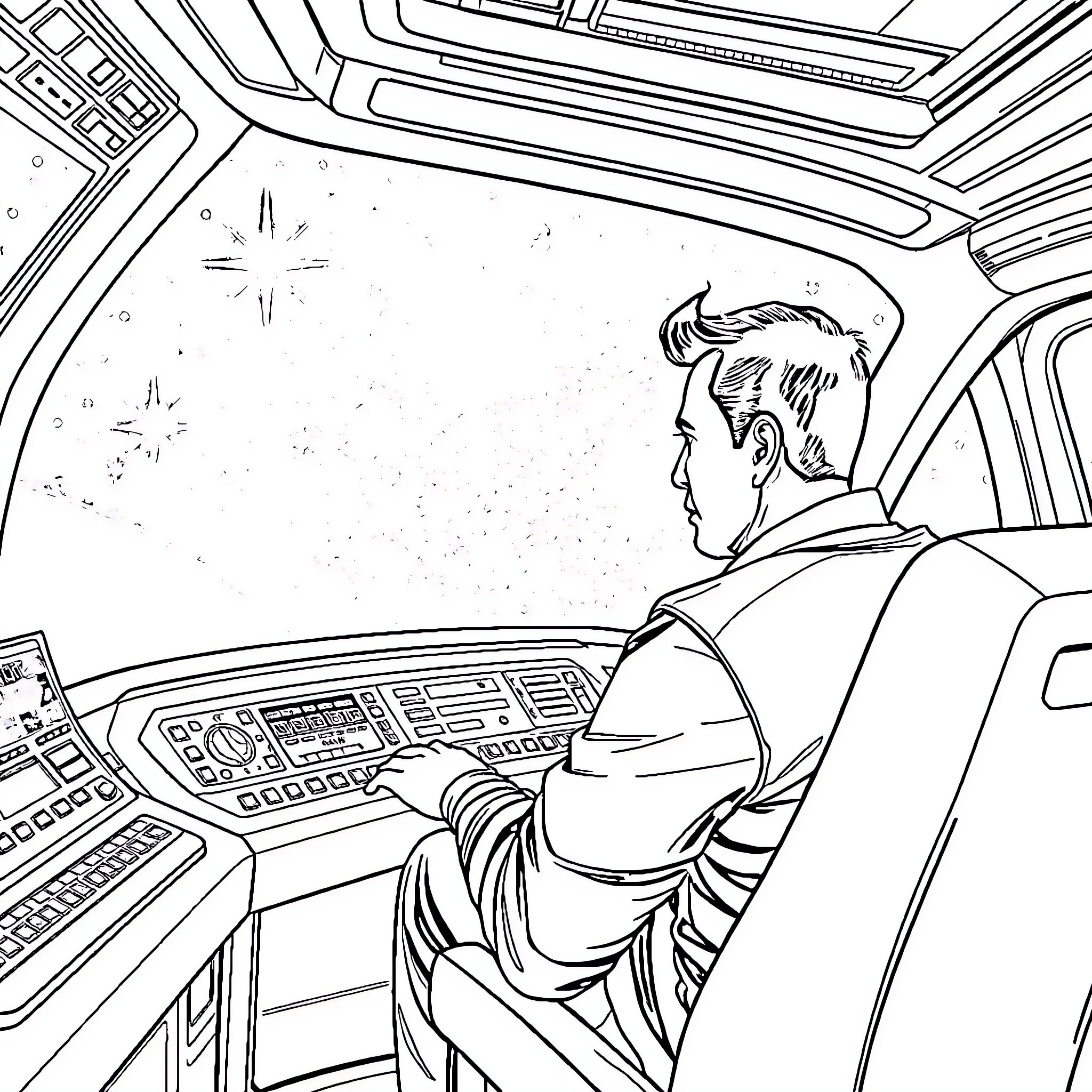 Elon Musk operating futuristic spacecraft controls Coloring Page (free black-and-white line drawing printable PDF for all, from beginners to advanced learners, including children, teens, adults, and seniors)